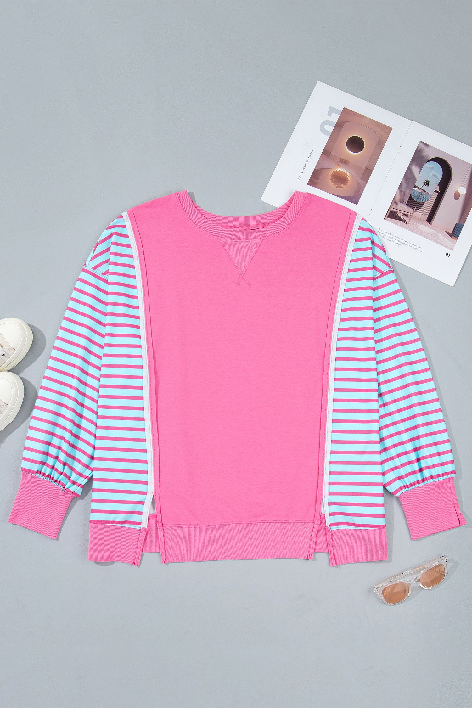 Purple Orchid Striped Colorblock Long Sleeve Tunic Plus Size Sweatshirt-Plus Size/Plus Size Sweatshirts & Hoodies-[Adult]-[Female]-2022 Online Blue Zone Planet