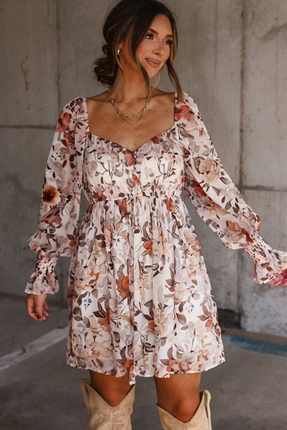 White Floral Print Sweetheart Neck Long Sleeve High Waist Mini Dress-TOPS / DRESSES-[Adult]-[Female]-2022 Online Blue Zone Planet