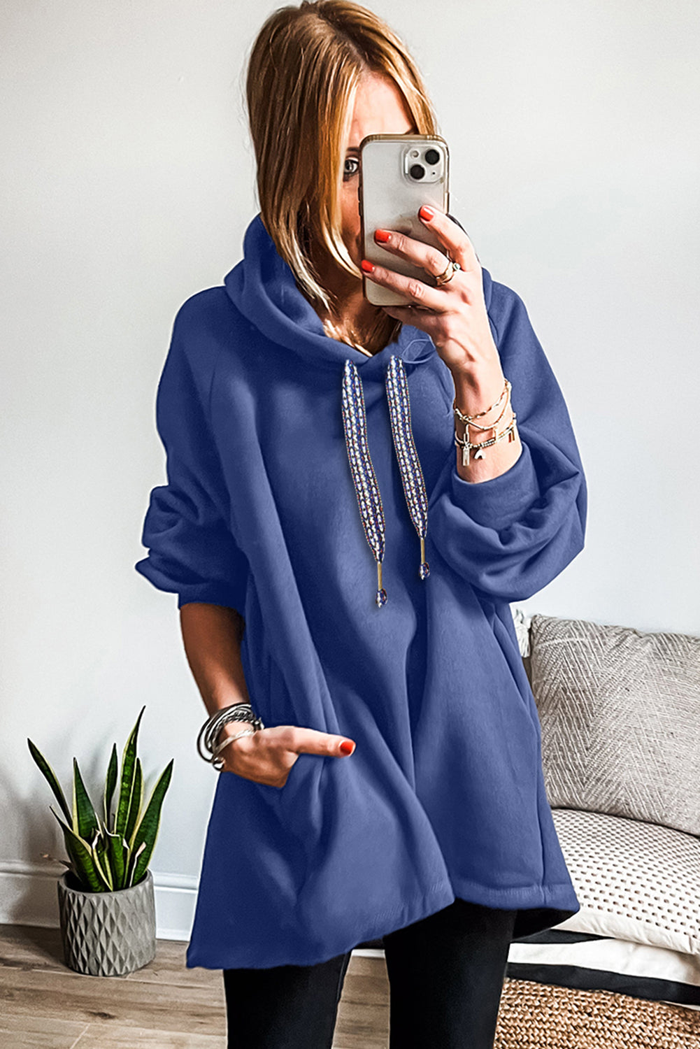 Dirty blue Fleece Lined Adjustable Drawstring Oversize Tunic Hoodie-Tops/Sweatshirts & Hoodies-[Adult]-[Female]-2022 Online Blue Zone Planet