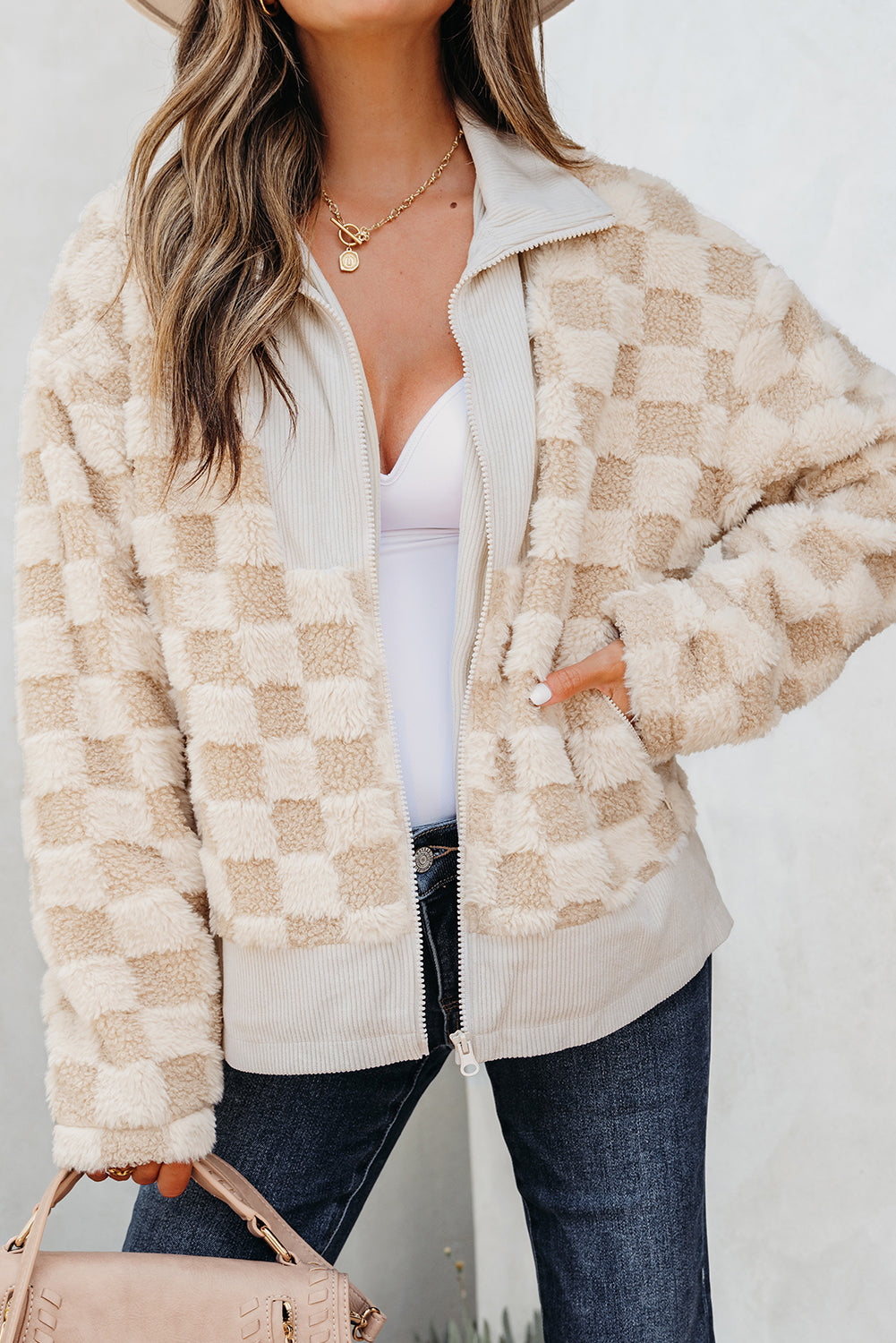 Khaki Checker Sherpa Corduroy Patchwork Zip up Collared Jacket-Outerwear/Jackets-[Adult]-[Female]-2022 Online Blue Zone Planet