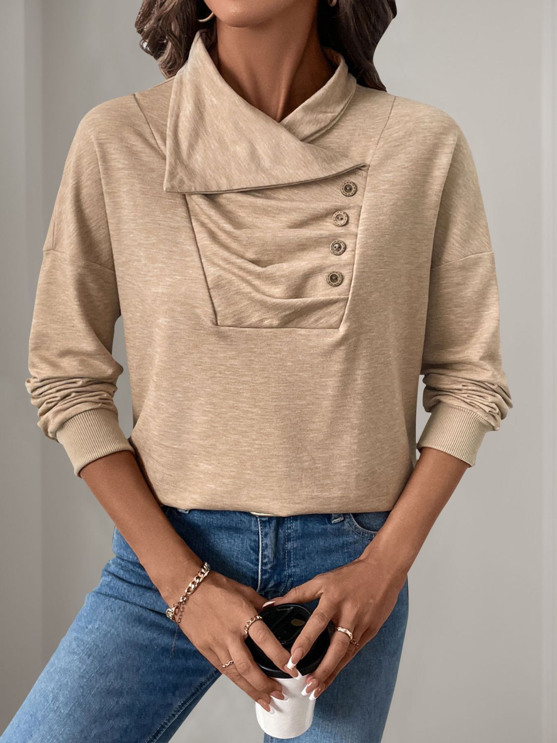 Perfee Asymmetric Mock Neck Long Sleeve Sweatshirt-TOPS / DRESSES-[Adult]-[Female]-Tan-S-2022 Online Blue Zone Planet