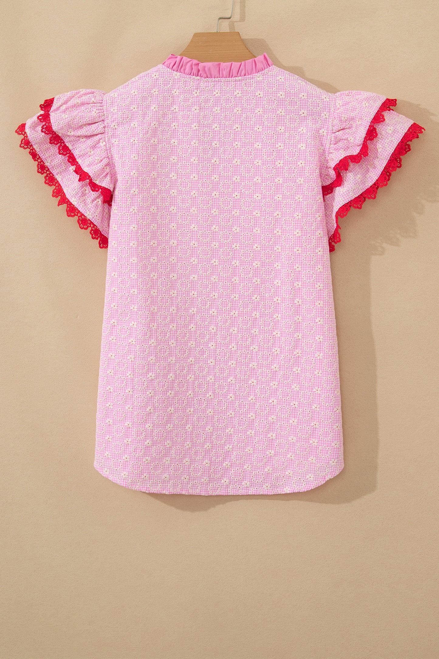 Pink Eyelet Embroidered Flower Texture Contrast Lace Trim Flutter Sleeve Blouse-Tops/Blouses & Shirts-[Adult]-[Female]-2022 Online Blue Zone Planet