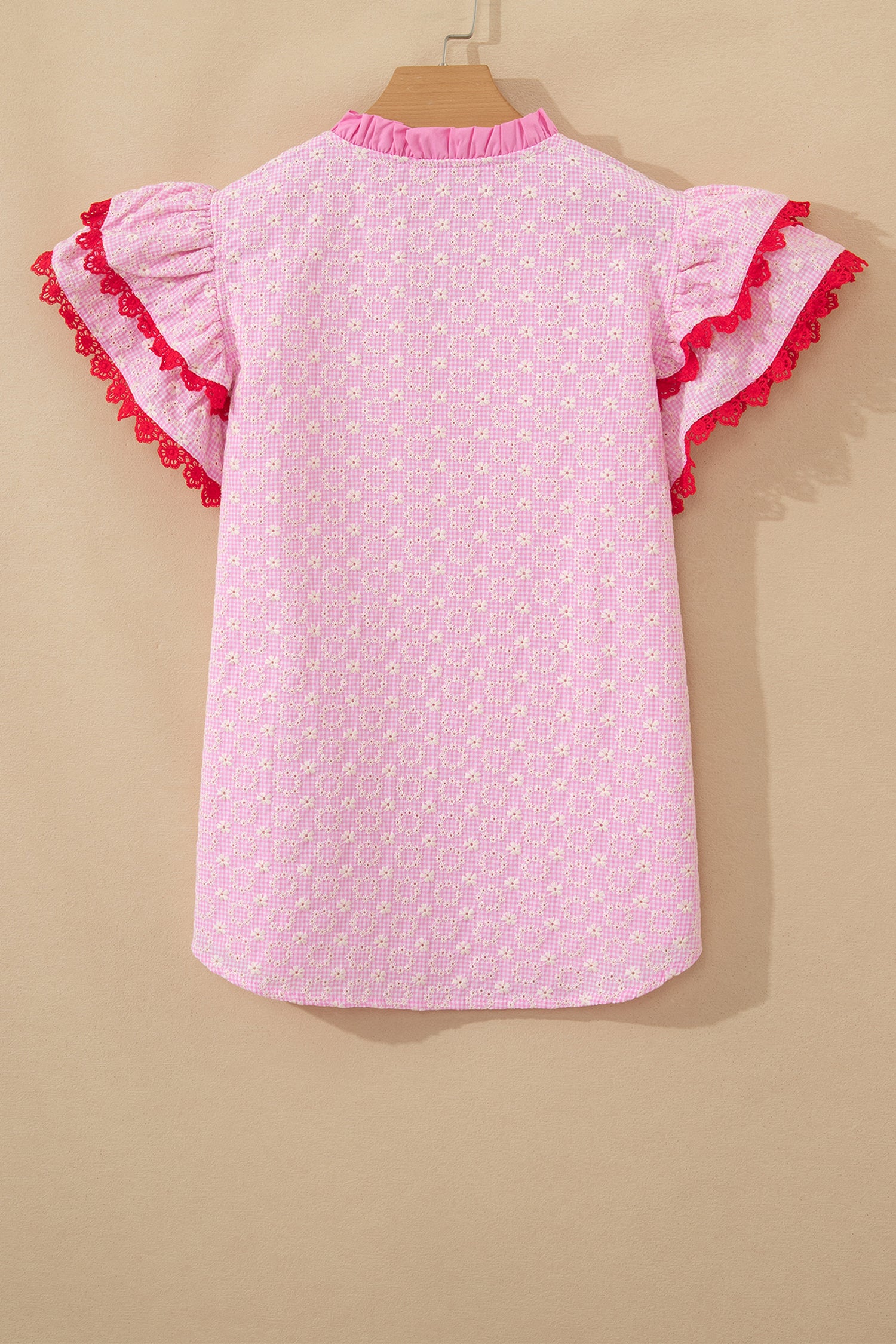 Pink Eyelet Embroidered Flower Texture Contrast Lace Trim Flutter Sleeve Blouse-Tops/Blouses & Shirts-[Adult]-[Female]-2022 Online Blue Zone Planet