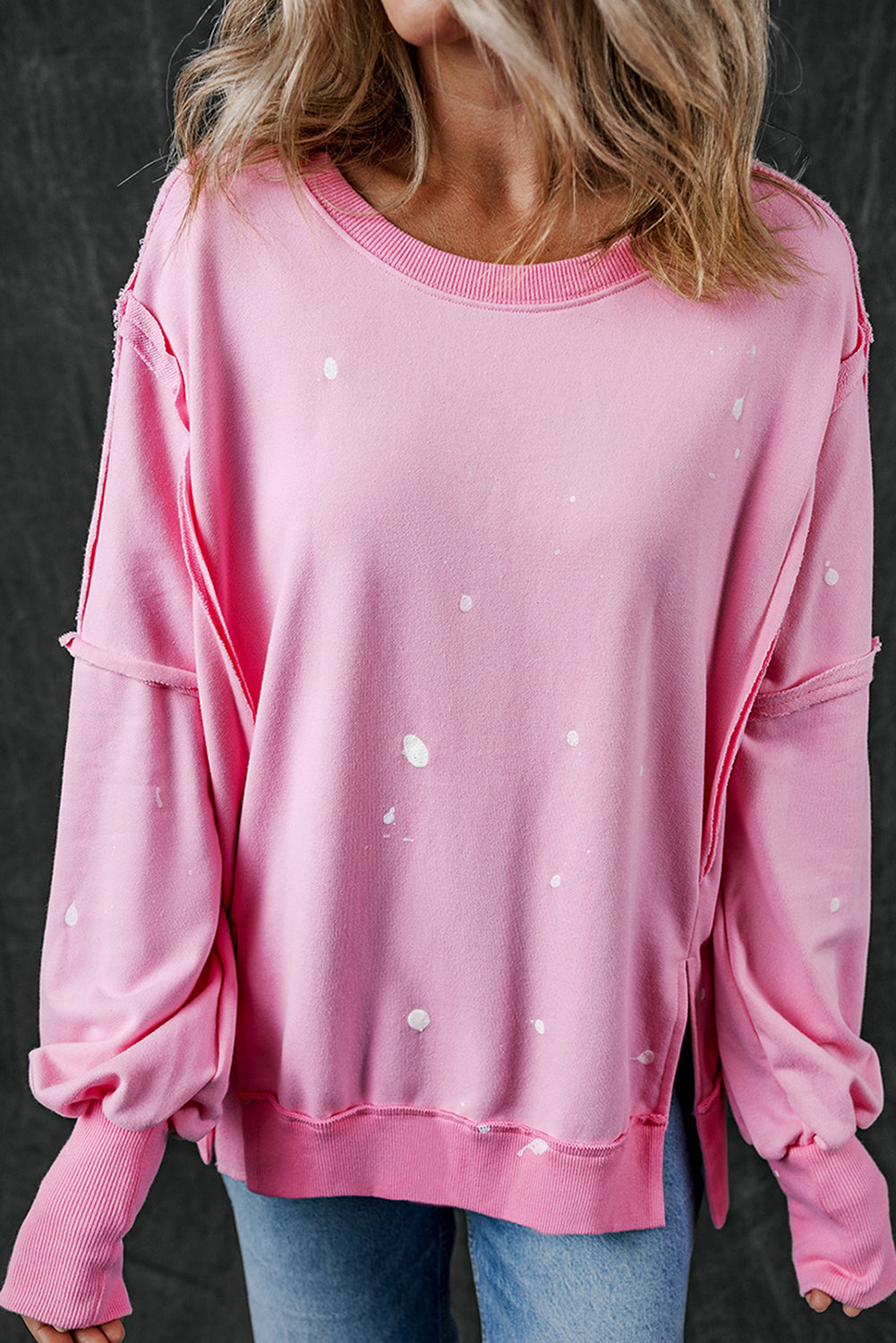 Blue Zone Planet | Exposed Seam Splatter Print Round Neck Sweatshirt-TOPS / DRESSES-[Adult]-[Female]-2022 Online Blue Zone Planet