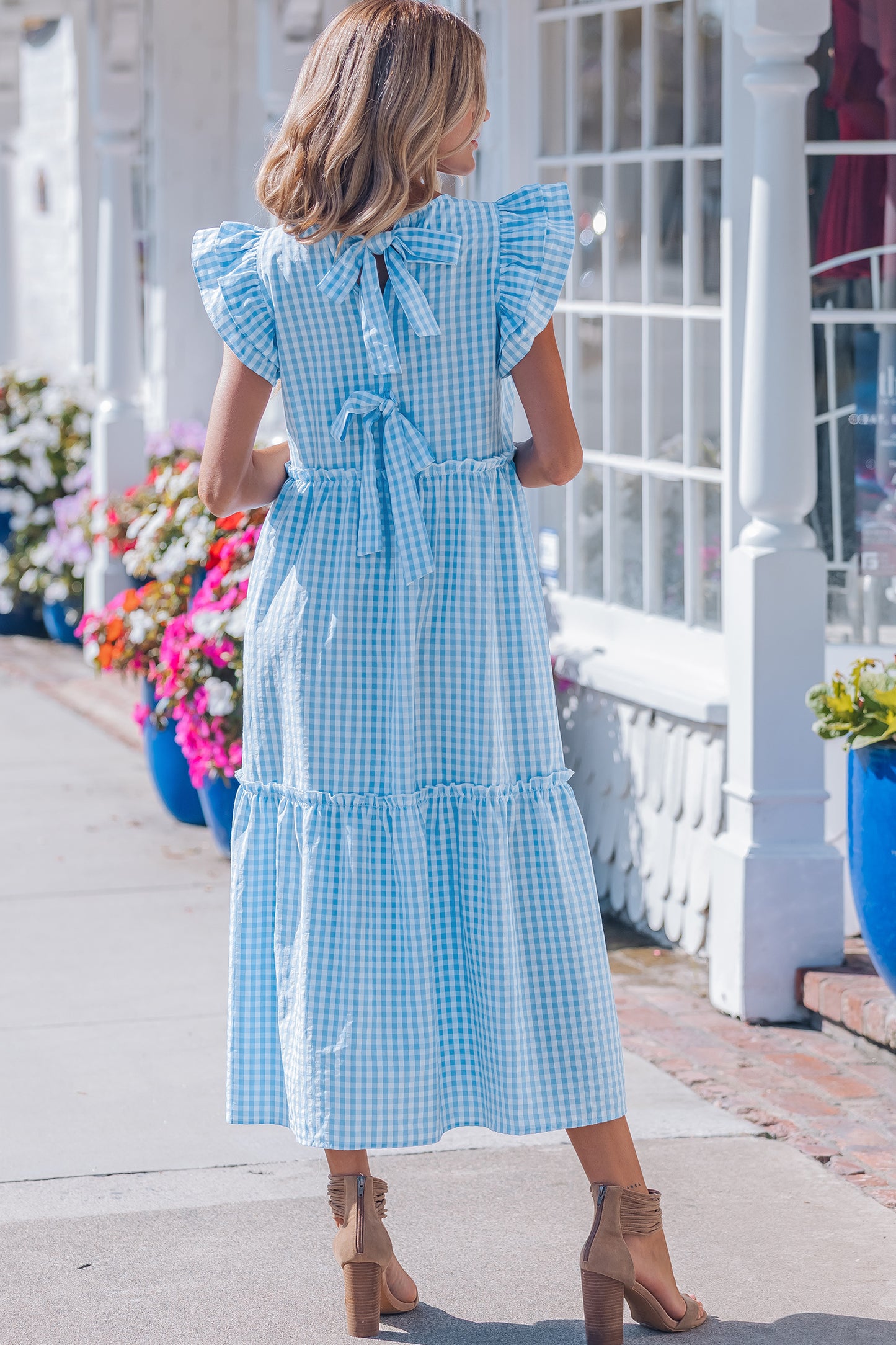 Sky Blue Knot Back Ruffled Short Sleeve Gingham Maxi Dress-TOPS / DRESSES-[Adult]-[Female]-2022 Online Blue Zone Planet