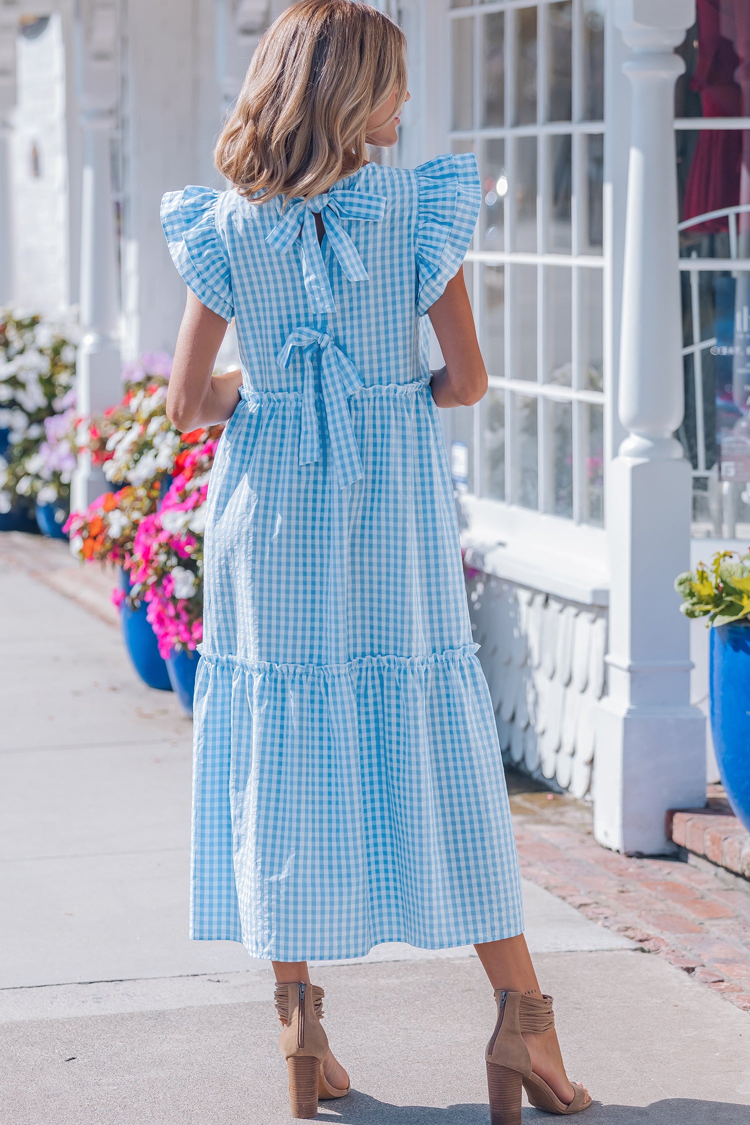 Sky Blue Knot Back Ruffled Short Sleeve Gingham Maxi Dress-TOPS / DRESSES-[Adult]-[Female]-2022 Online Blue Zone Planet