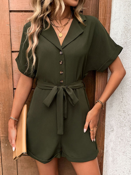 Perfee Half Button Tie Waist Short Sleeve Romper-TOPS / DRESSES-[Adult]-[Female]-Army Green-S-2022 Online Blue Zone Planet