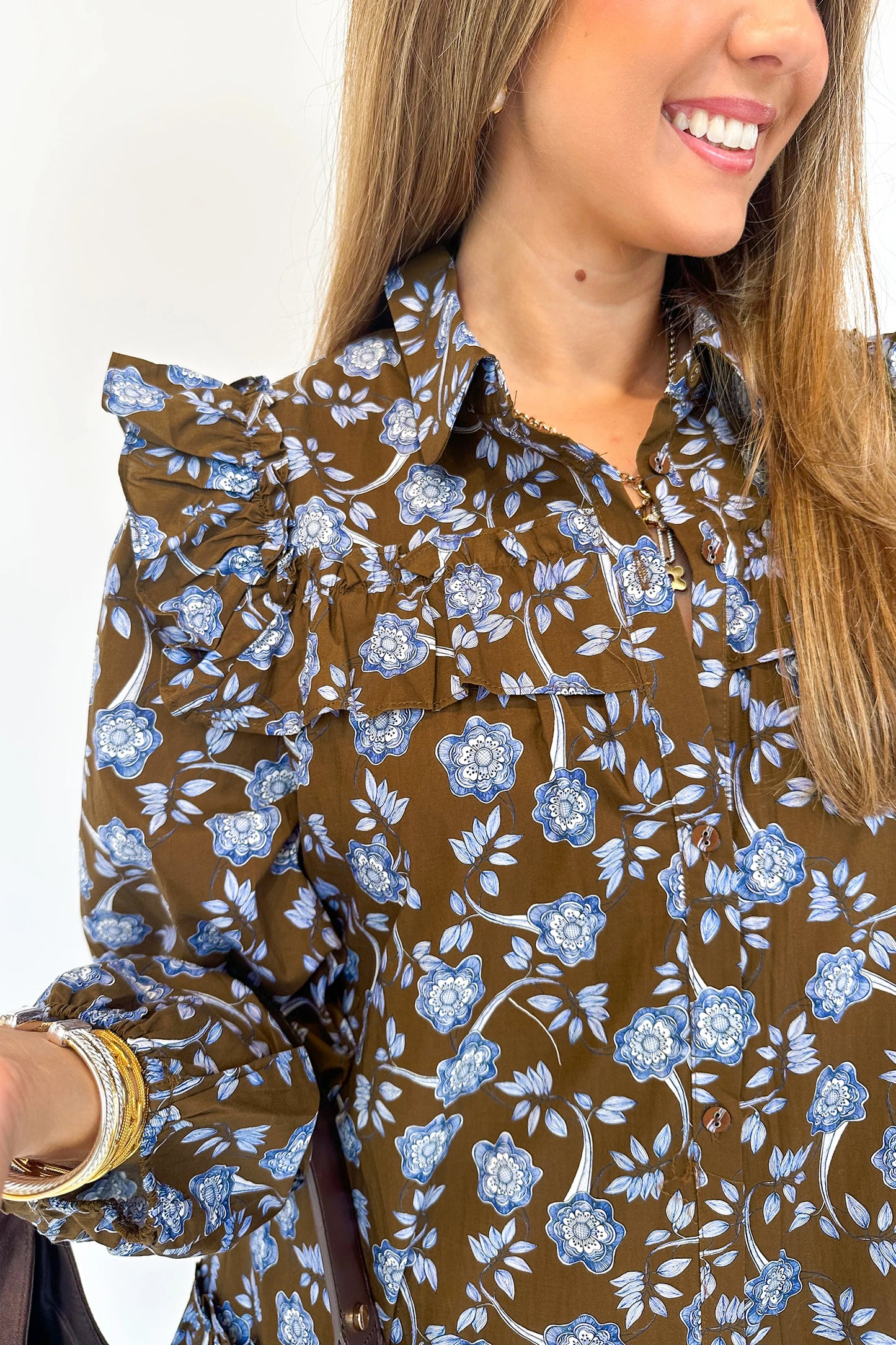 Brown Floral Print Ruffled Detail Shirt Collar Button Down Long Sleeve Dress-TOPS / DRESSES-[Adult]-[Female]-2022 Online Blue Zone Planet