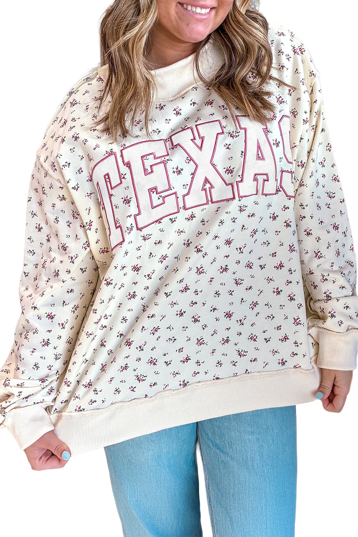 Apricot Floral Print Texas Long Sleeve Ribbed Neck Tunic Plus Size Sweatshirt-Plus Size/Plus Size Sweatshirts & Hoodies-[Adult]-[Female]-2022 Online Blue Zone Planet