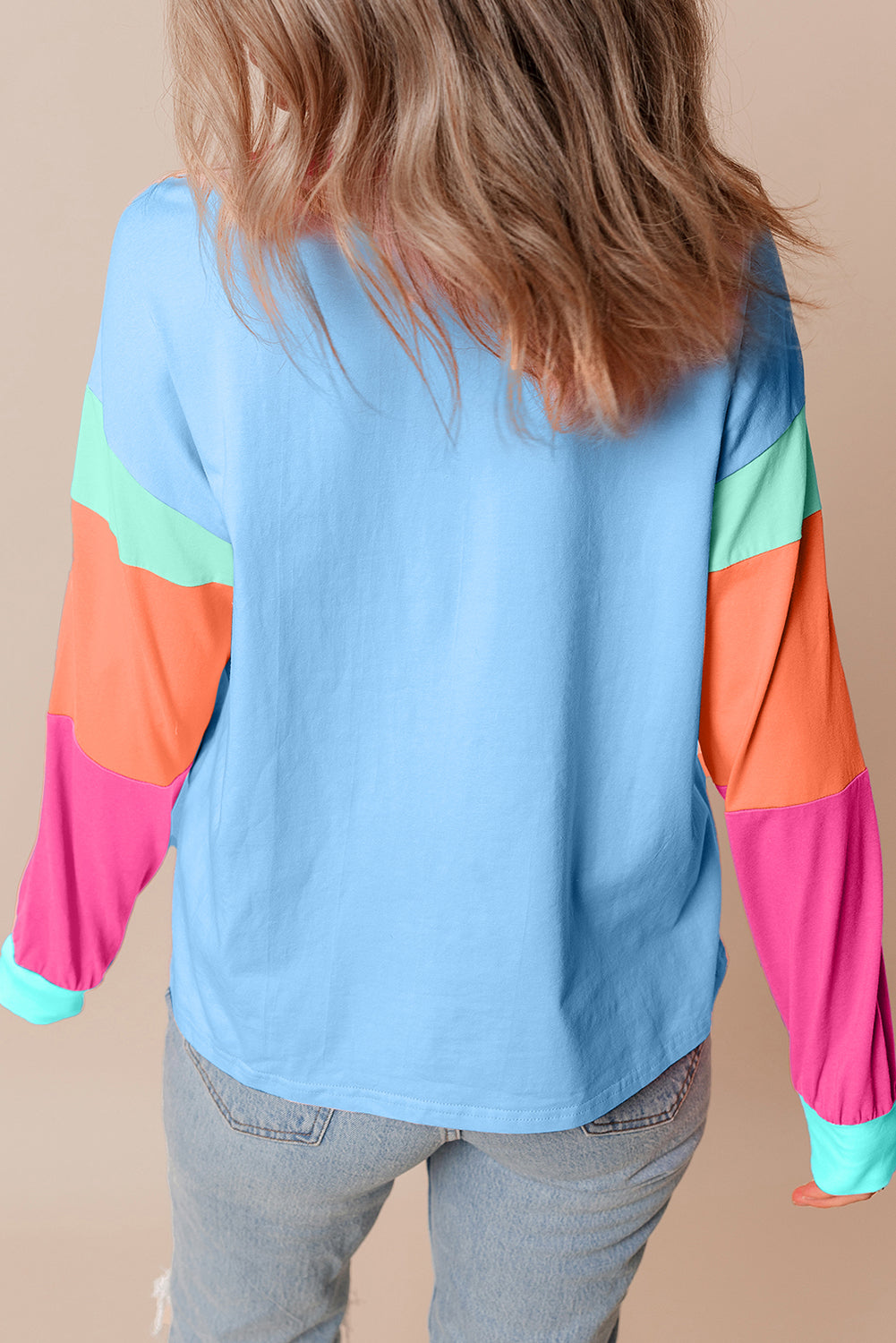 Blue Zone Planet | Green Colorblock Patchwork Long Sleeve Loose Top-TOPS / DRESSES-[Adult]-[Female]-2022 Online Blue Zone Planet