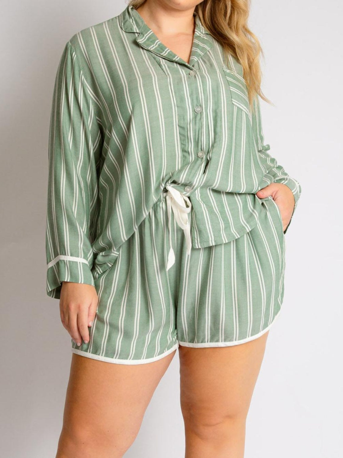 Blue Zone Planet | Striped Collared Neck Long Sleeve Top and Shorts Lounge Set-TOPS / DRESSES-[Adult]-[Female]-Sage-S-2022 Online Blue Zone Planet