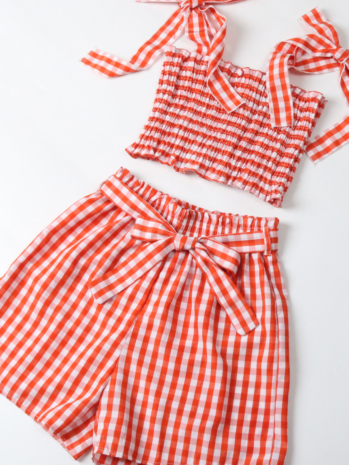 Perfee Tied Smocked Plaid Top and Shorts Set-TOPS / DRESSES-[Adult]-[Female]-2022 Online Blue Zone Planet