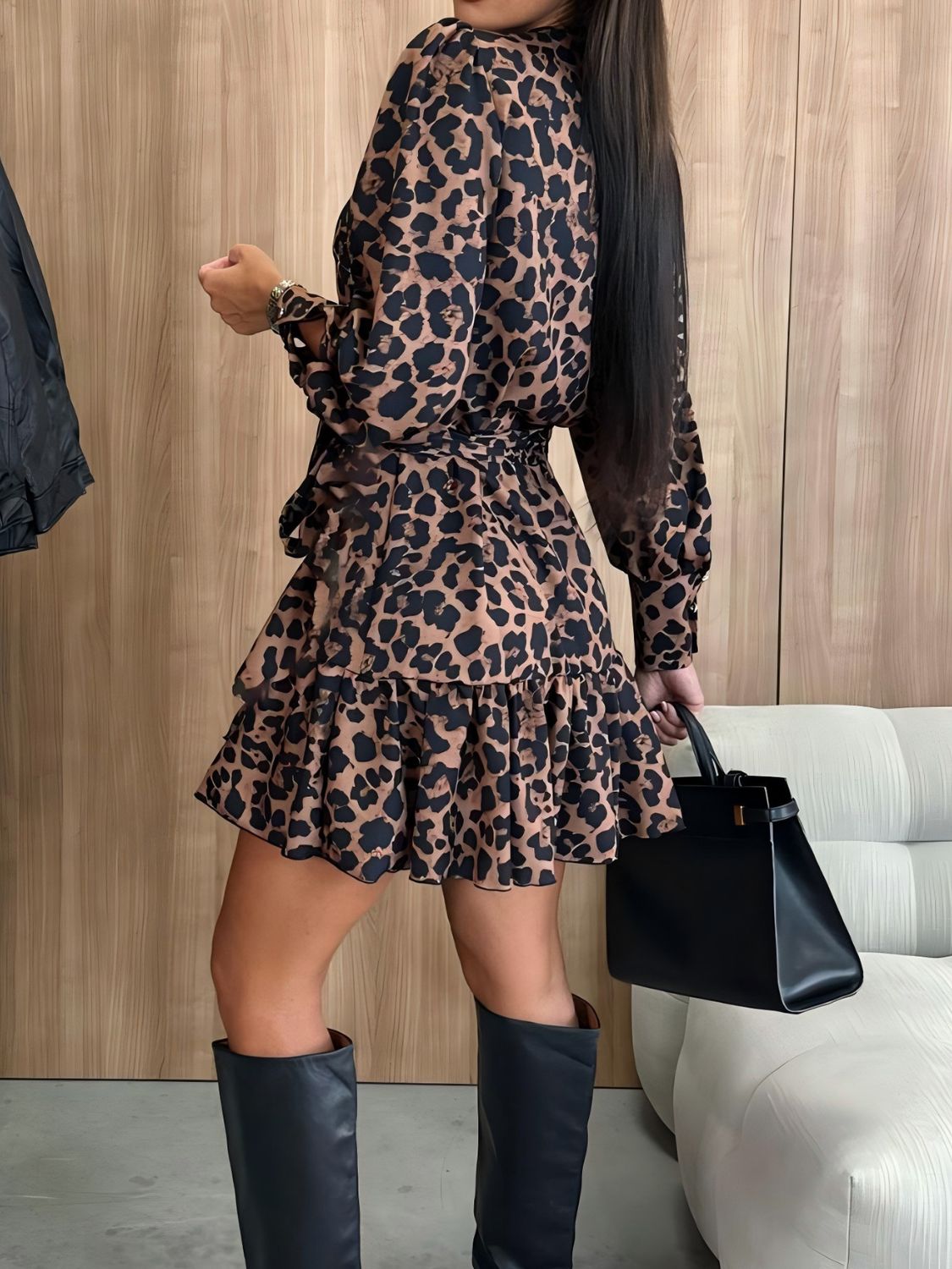 Tied Leopard Surplice Long Sleeve Dress-TOPS / DRESSES-[Adult]-[Female]-2022 Online Blue Zone Planet