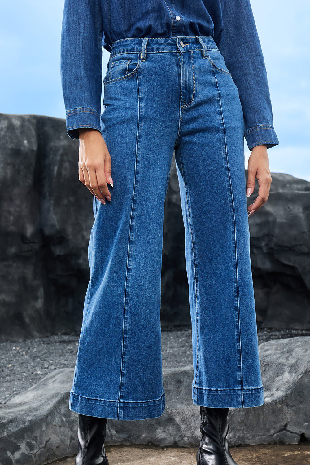 Dark Blue Plain Seam Detail Flared Bottom Ankle Length Jeans-Bottoms/Jeans-[Adult]-[Female]-2022 Online Blue Zone Planet