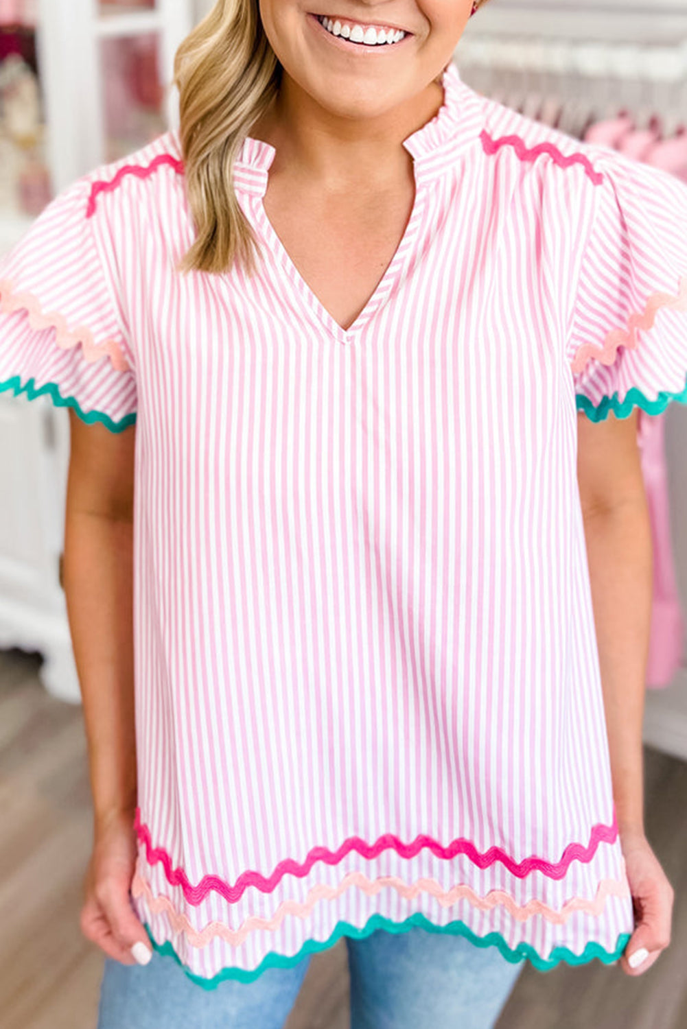 Sky Blue Stripe Ricrac Trim Split Neck Striped Ruffled Sleeve Blouse-Tops/Blouses & Shirts-[Adult]-[Female]-Pink Stripe-S-2022 Online Blue Zone Planet
