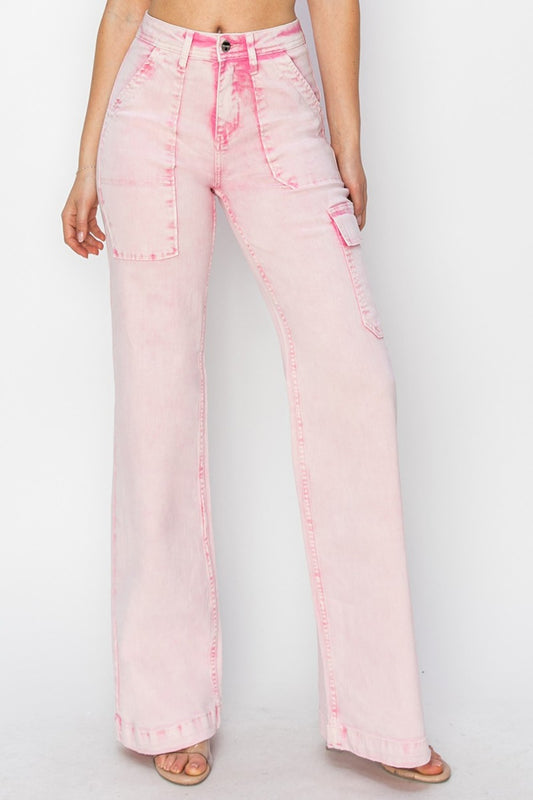 Blue Zone Planet | RISEN Full Size High Rise Wide Leg Cargo Pocket Jeans-TOPS / DRESSES-[Adult]-[Female]-Acid Pink-0(24)-2022 Online Blue Zone Planet