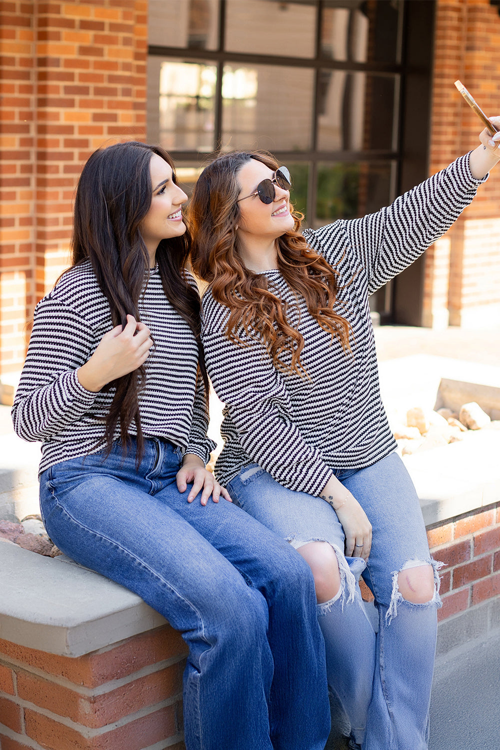 Rose Stripe Round Neck Drop Shoulder Long Sleeve Top-Tops/Long Sleeve Tops-[Adult]-[Female]-2022 Online Blue Zone Planet