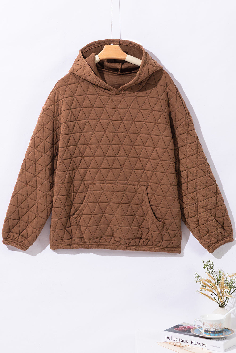 Coffee Solid Color Quilted Kangaroo Pocket Hoodie-Tops/Sweatshirts & Hoodies-[Adult]-[Female]-2022 Online Blue Zone Planet