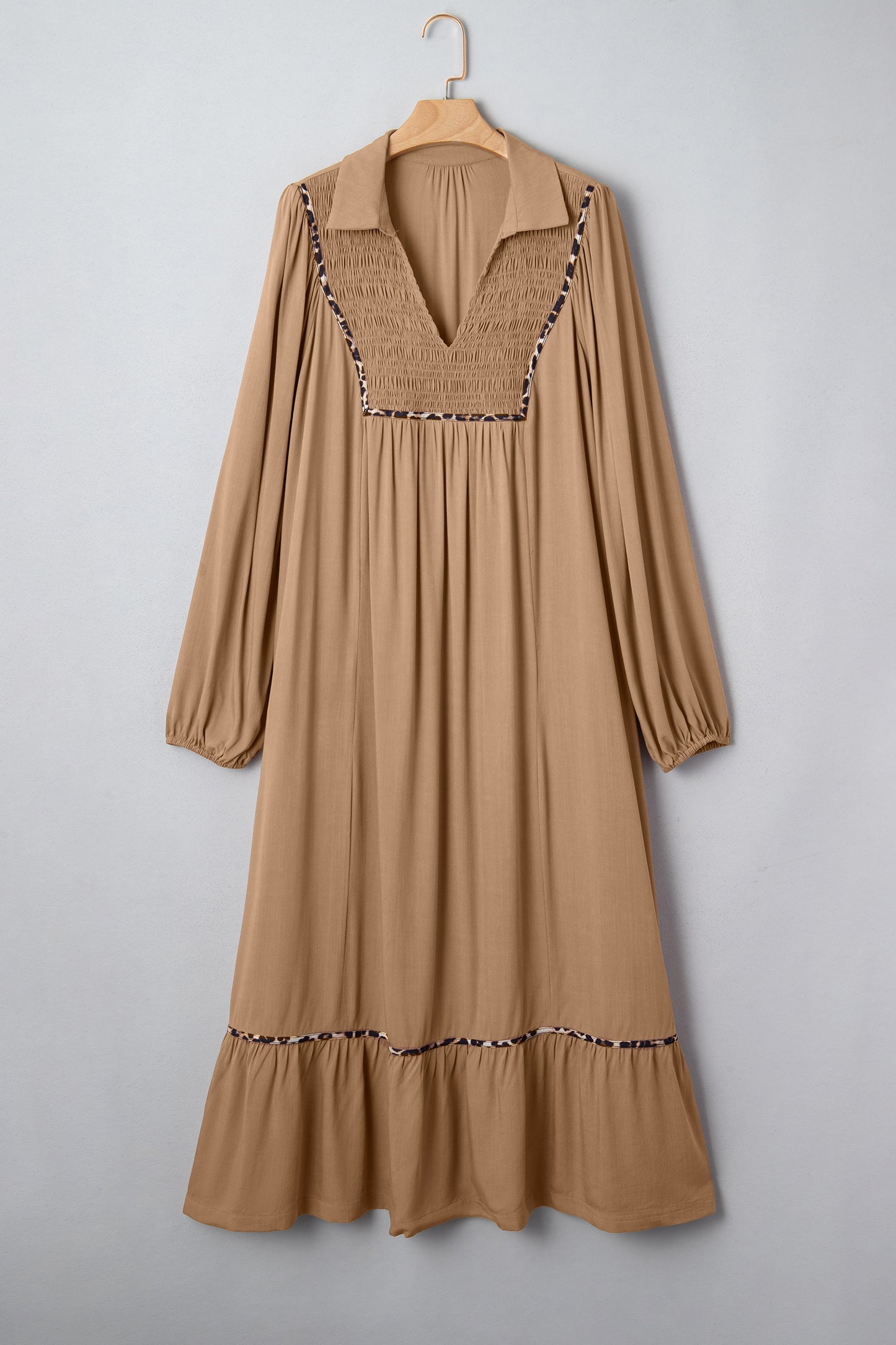 Chestnut Smocked V Neckline Leopard Piping Accent Bracelet Plus Size Long Dress-TOPS / DRESSES-[Adult]-[Female]-2022 Online Blue Zone Planet