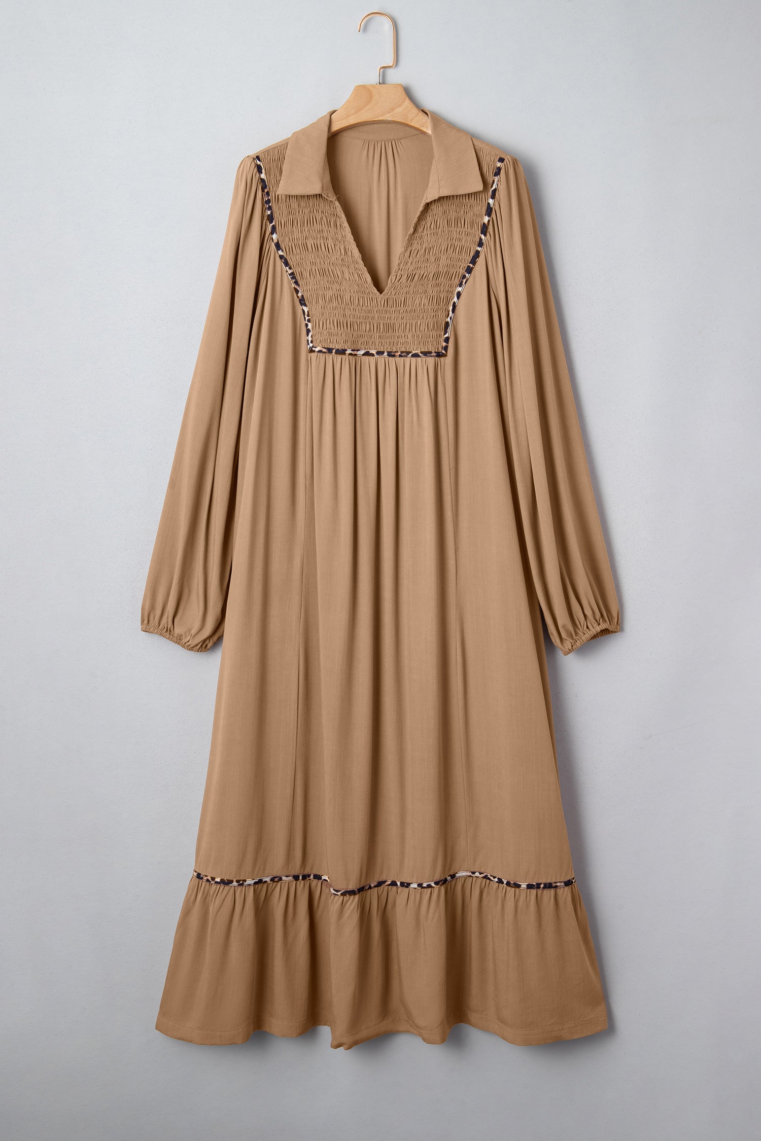 Chestnut Smocked V Neckline Leopard Piping Accent Bracelet Plus Size Long Dress-TOPS / DRESSES-[Adult]-[Female]-2022 Online Blue Zone Planet