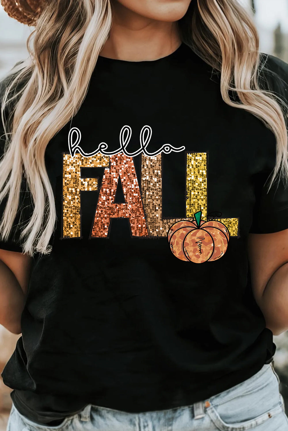 Black Hello Fall Letter Pumpkin Printed Thanksgiving T Shirt-Graphic/Graphic Tees-[Adult]-[Female]-2022 Online Blue Zone Planet