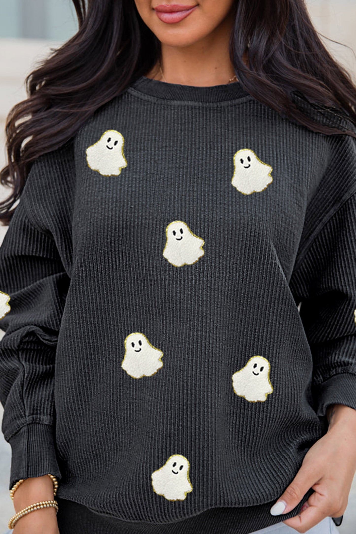 Black Oversized Ghost Print Pullover Corded Sweatshirt-Graphic/Graphic Sweatshirts-[Adult]-[Female]-2022 Online Blue Zone Planet