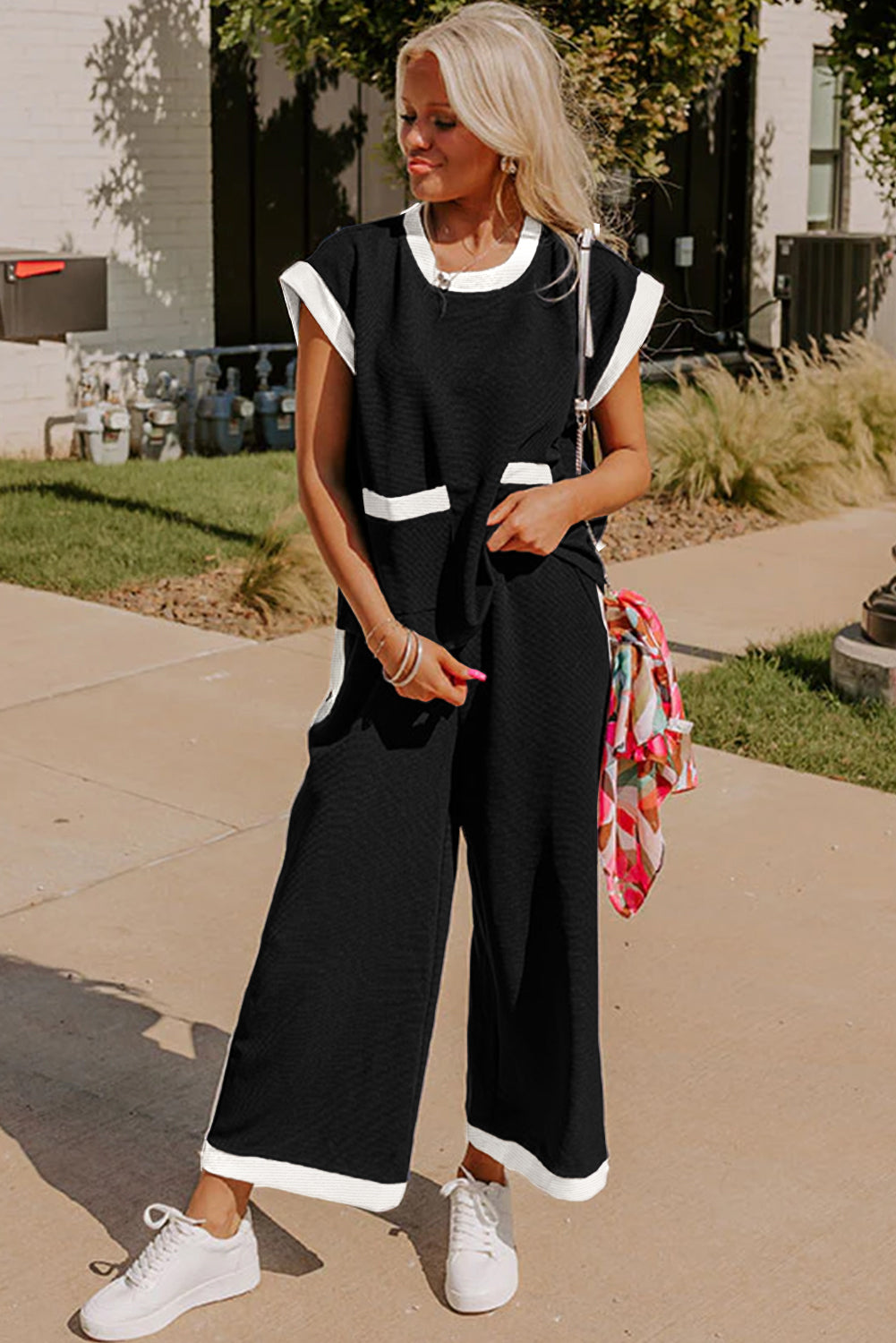 Black Color Block Pocketed T Shirt and Wide Leg Pants Set-Two Piece Sets/Pant Sets-[Adult]-[Female]-2022 Online Blue Zone Planet