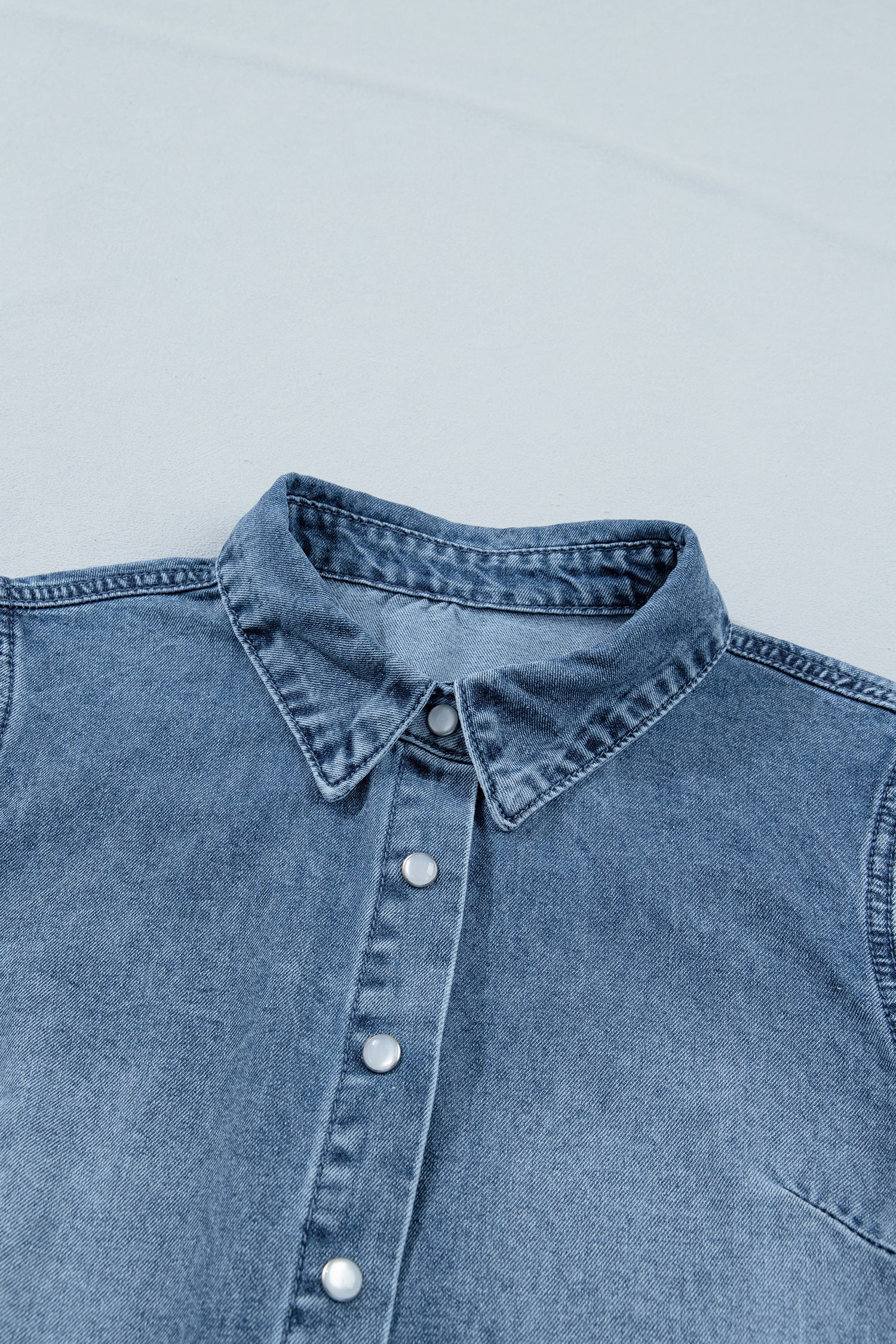Beau Blue Frilled Short Sleeve Snap Button Denim Shirt-Tops/Blouses & Shirts-[Adult]-[Female]-2022 Online Blue Zone Planet