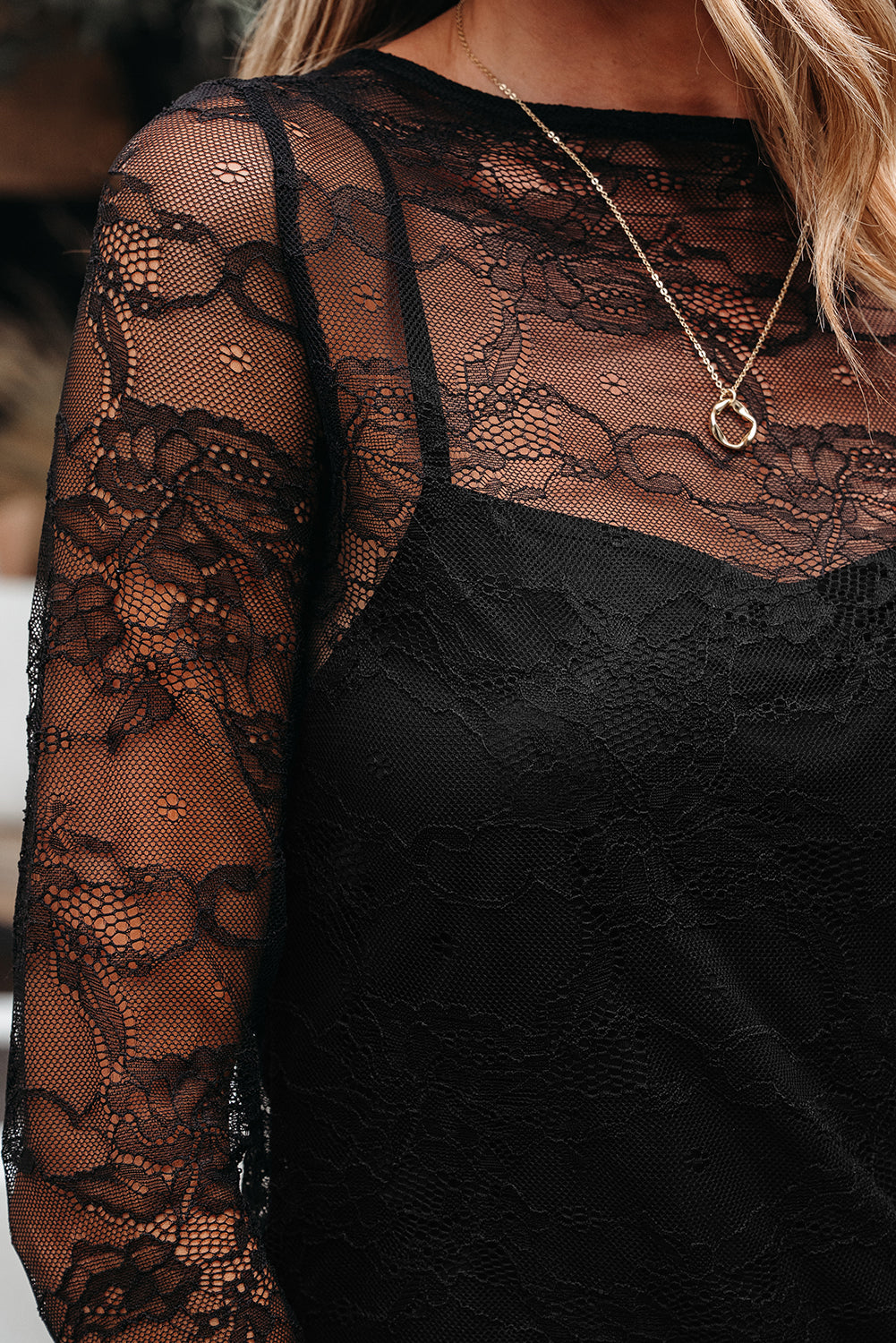 Black Lace Crochet Mesh Patched Slim Fit Long Sleeve Top-Tops/Long Sleeve Tops-[Adult]-[Female]-2022 Online Blue Zone Planet