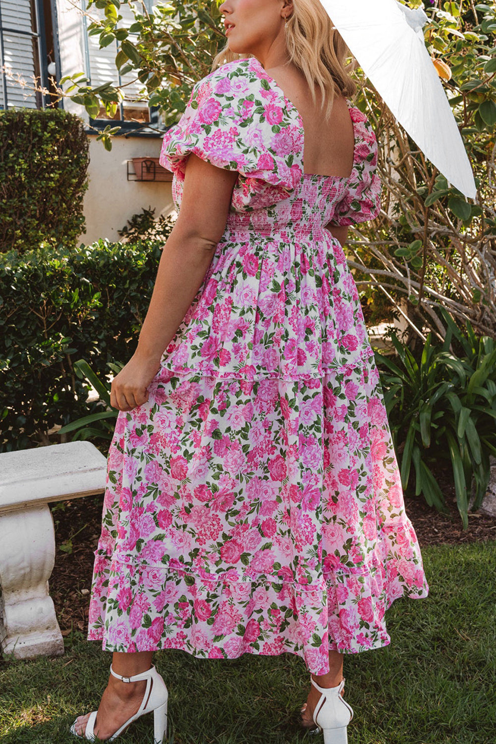 Pink Dainty Floral Smocked Puff Sleeve Flowy Long Dress-Dresses/Maxi Dresses-[Adult]-[Female]-2022 Online Blue Zone Planet