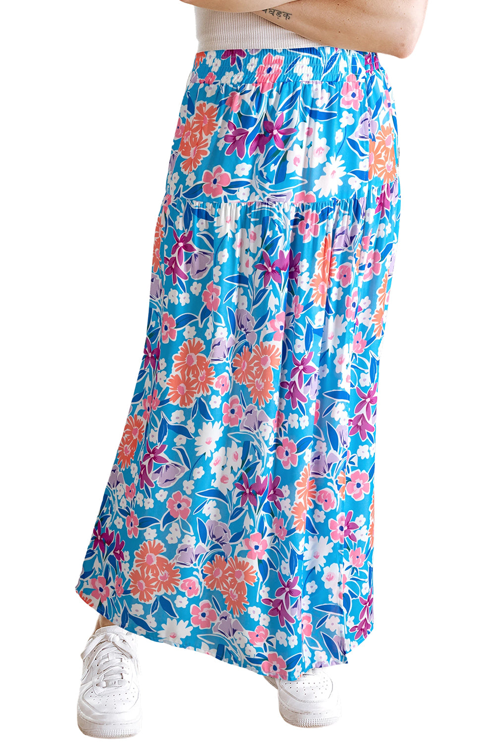 Sky Blue Floral Printed High Waist Split Wrap Long Skirt-Bottoms/Skirts & Petticoat-[Adult]-[Female]-2022 Online Blue Zone Planet
