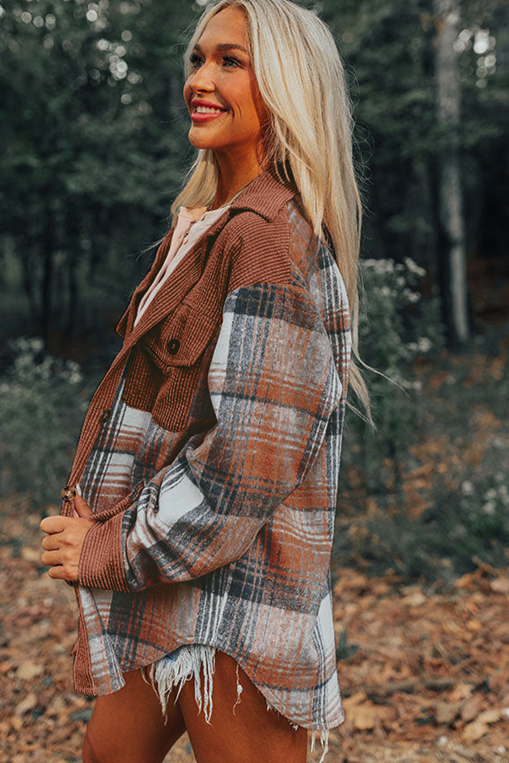 Cinnamon Plaid Corduroy Patchwork Chest Pocket Shacket-Outerwear/Plaid Shackets-[Adult]-[Female]-2022 Online Blue Zone Planet