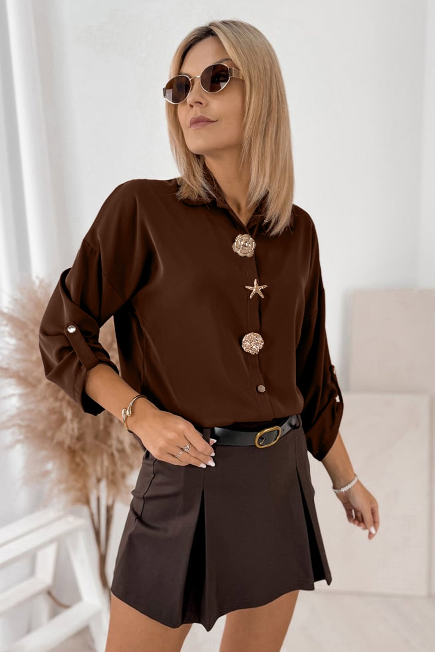 Coffee Multi Button Decoration Tab Long Sleeve Casual Shirt-Tops/Blouses & Shirts-[Adult]-[Female]-2022 Online Blue Zone Planet
