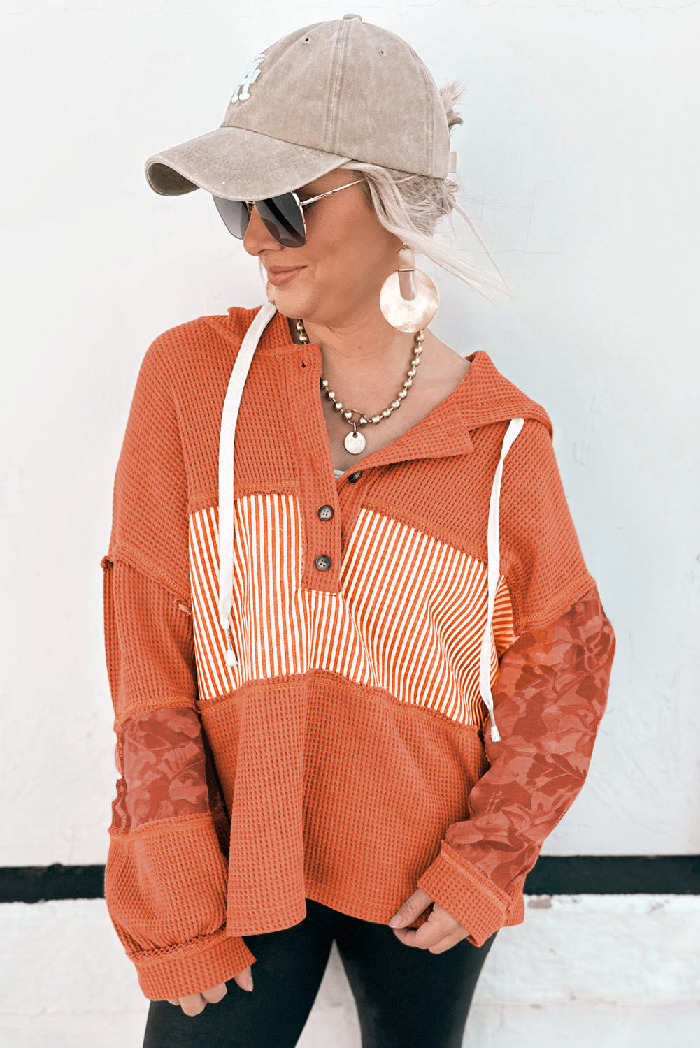 Cinnamon Waffle Printed Patchwork Drawstring Hooded Long Sleeve Top-Tops/Long Sleeve Tops-[Adult]-[Female]-2022 Online Blue Zone Planet