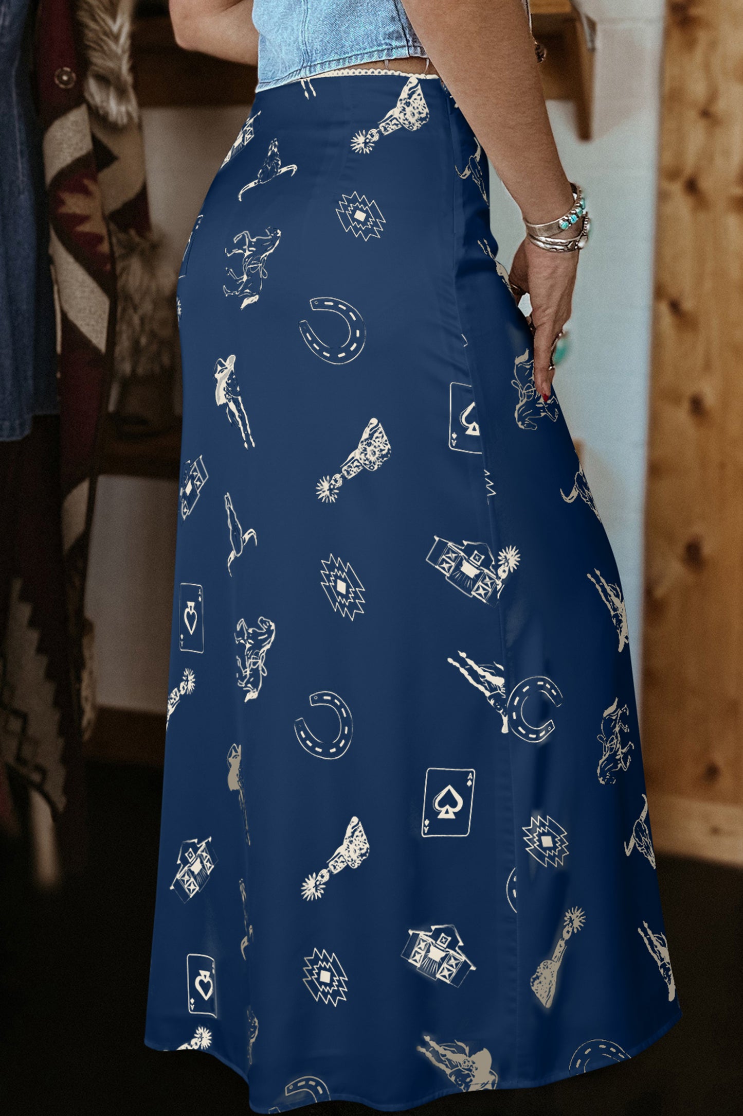 Navy Blue Western Print Satin Long Skirt-Bottoms/Skirts & Petticoat-[Adult]-[Female]-2022 Online Blue Zone Planet