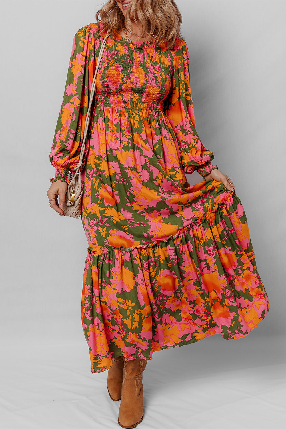 Orange Floral Puff Sleeve Smocked Bodice Ruffled Long Dress-TOPS / DRESSES-[Adult]-[Female]-2022 Online Blue Zone Planet