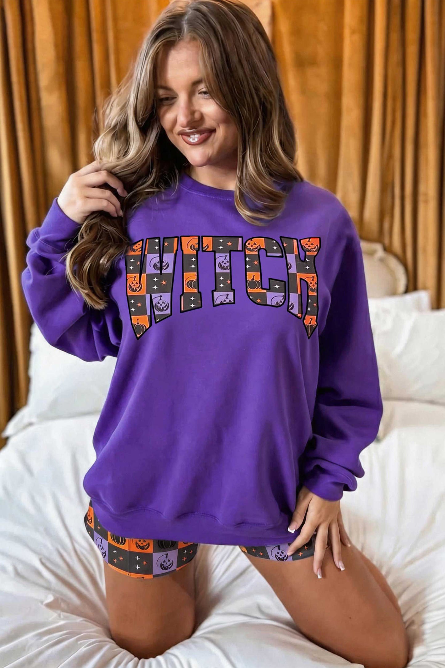 Orange Witch Letter Print Long Sleeve Top Checkered Elastic Waist Shorts Set-Two Piece Sets/Short Sets-[Adult]-[Female]-2022 Online Blue Zone Planet
