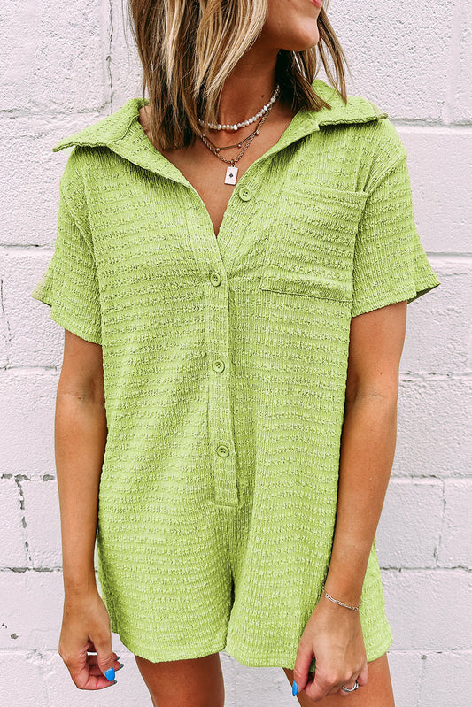 Meadow Mist Green Textured Short Sleeve Patched Pocket Buttoned Shirt Romper-Bottoms/Jumpsuits & Rompers-[Adult]-[Female]-Meadow Mist Green-S-2022 Online Blue Zone Planet