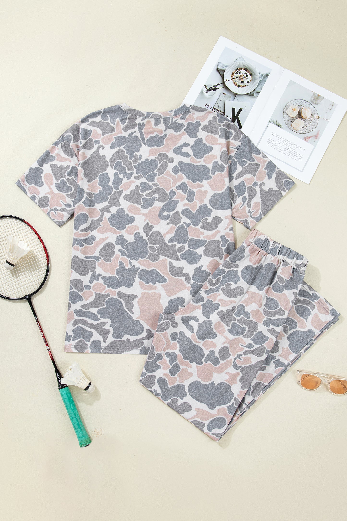 Multicolour Camouflage Short Sleeve Top and High Waist Wide Leg Pants Set-Two Piece Sets/Pant Sets-[Adult]-[Female]-2022 Online Blue Zone Planet