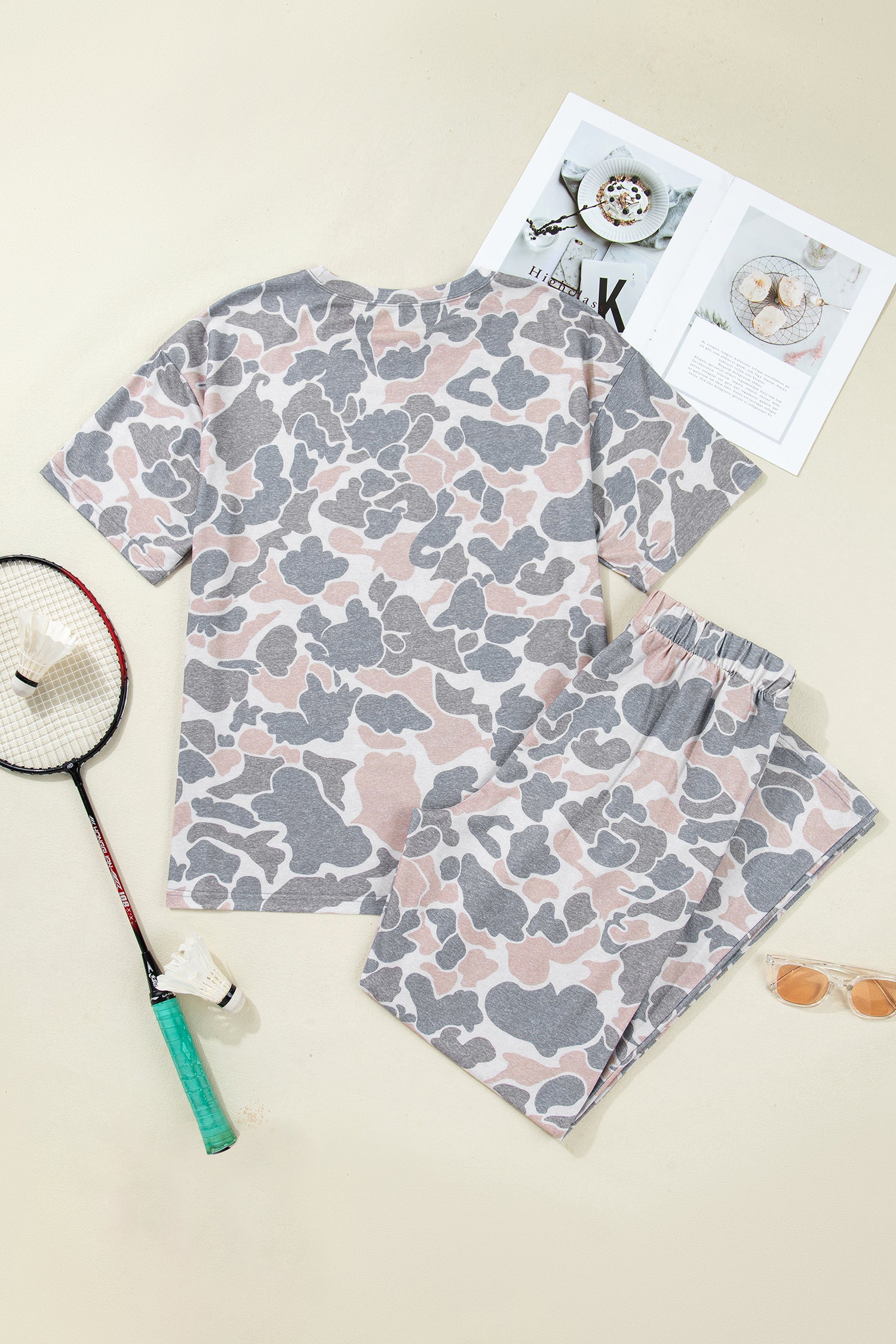 Multicolour Camouflage Short Sleeve Top and High Waist Wide Leg Pants Set-Two Piece Sets/Pant Sets-[Adult]-[Female]-2022 Online Blue Zone Planet