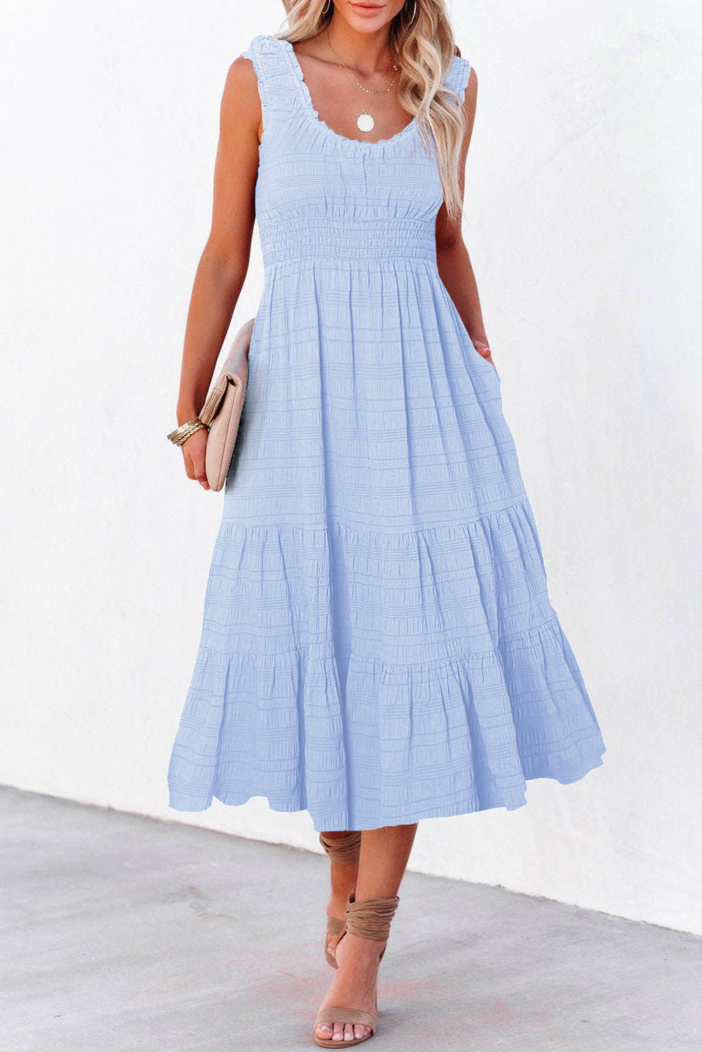 Sky Blue Shirred Pleated Square Neck Sleeveless Midi Dress-Dresses/Midi Dresses-[Adult]-[Female]-2022 Online Blue Zone Planet