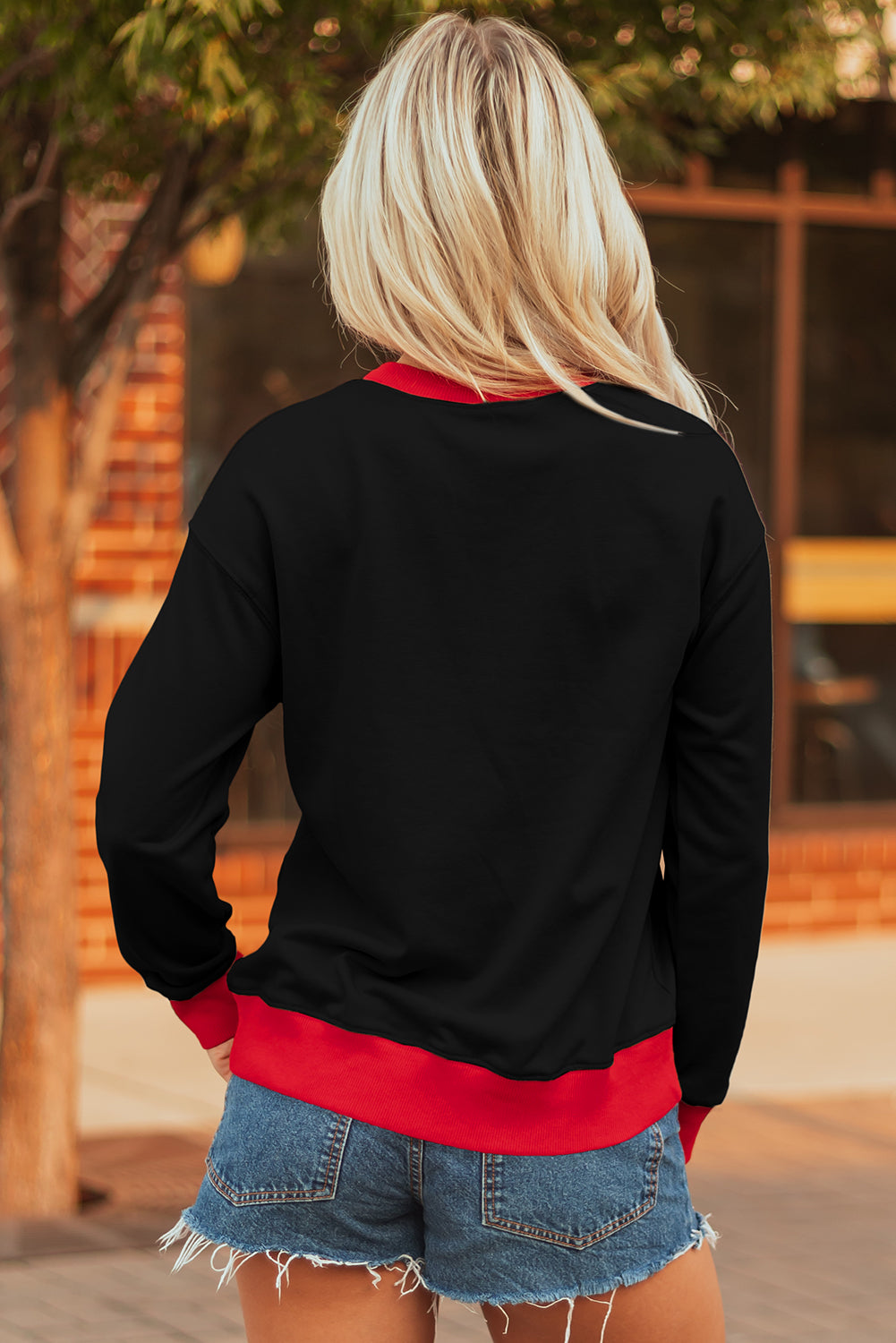 Black GAME DAY Letter Graphic Varsity Striped Detail Baggy Sweatshirt-Tops/Sweatshirts & Hoodies-[Adult]-[Female]-2022 Online Blue Zone Planet