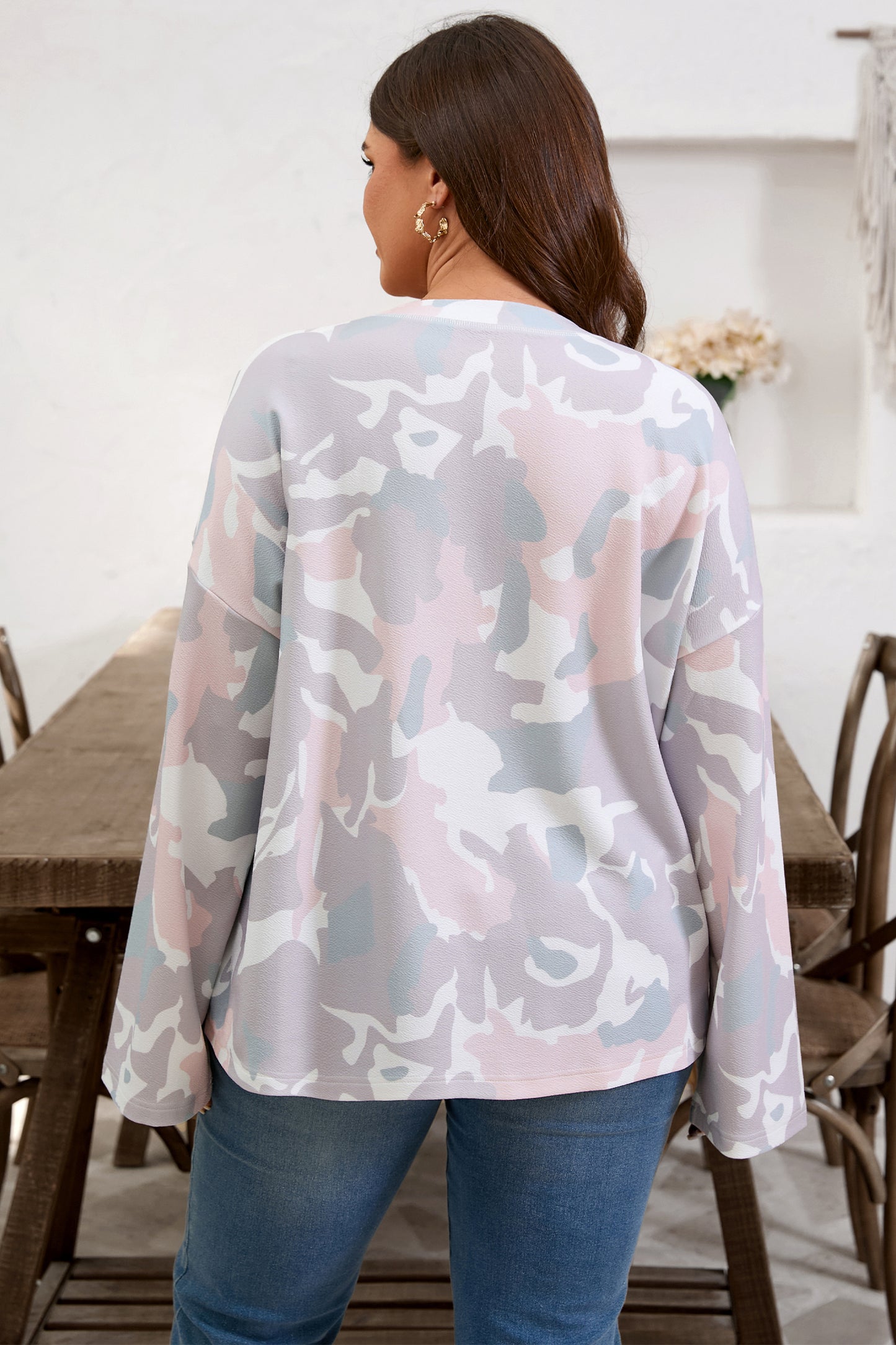 Green Plus Size Camouflage Print Drop Shoulder Loose Pullover Top-Plus Size/Plus Size Tops/Plus Size Long Sleeve Tops-[Adult]-[Female]-2022 Online Blue Zone Planet