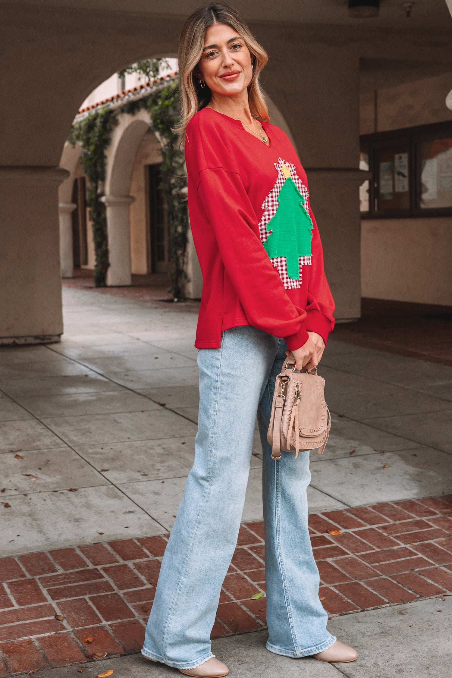 Fiery Red Plaid Frayed Double Christmas Tree Patched Drop Shoulder Sweatshirt-Tops/Sweatshirts & Hoodies-[Adult]-[Female]-2022 Online Blue Zone Planet