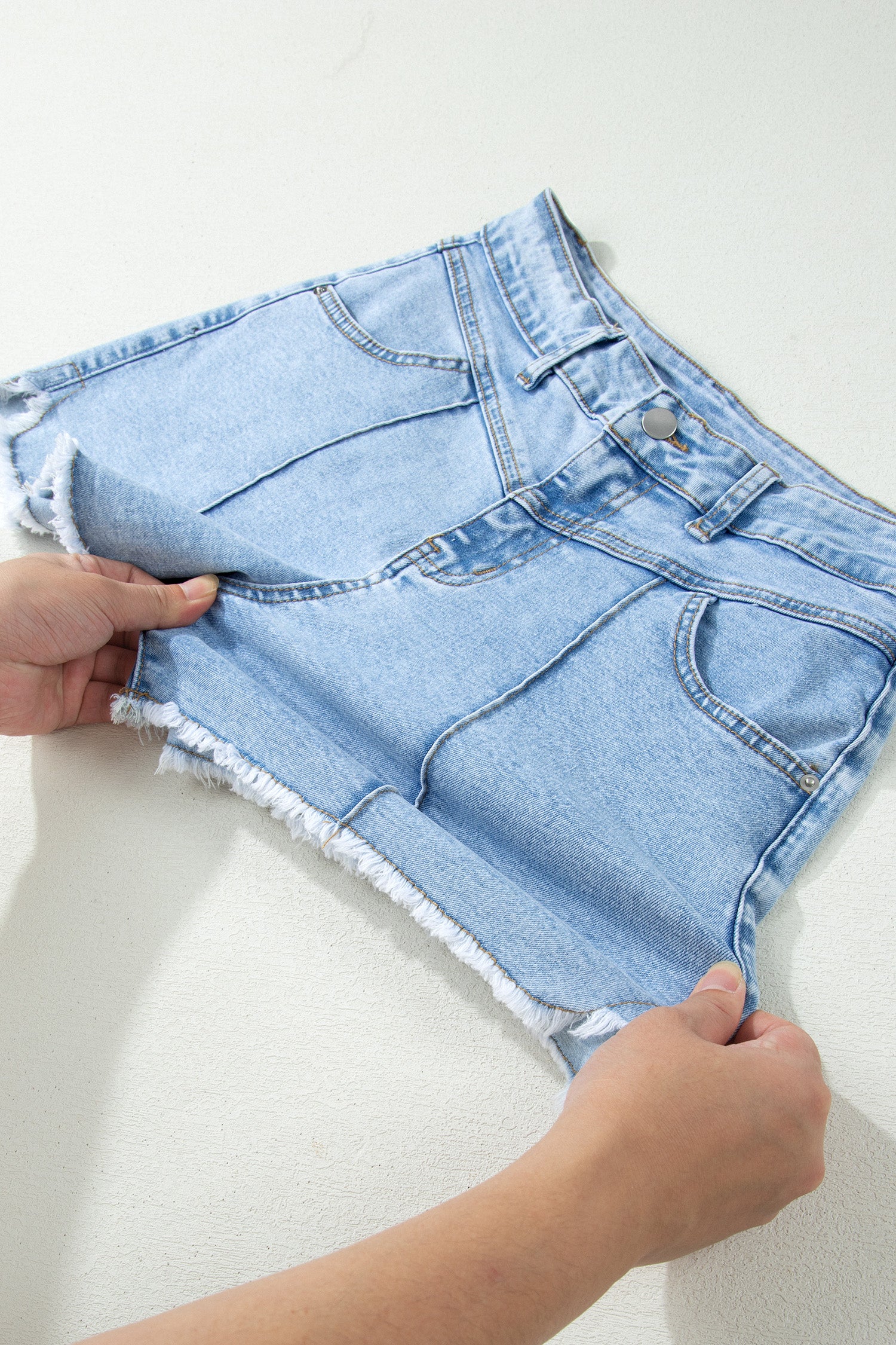 Myosotis High Waist Frayed Denim Shorts-Bottoms/Denim Shorts-[Adult]-[Female]-2022 Online Blue Zone Planet