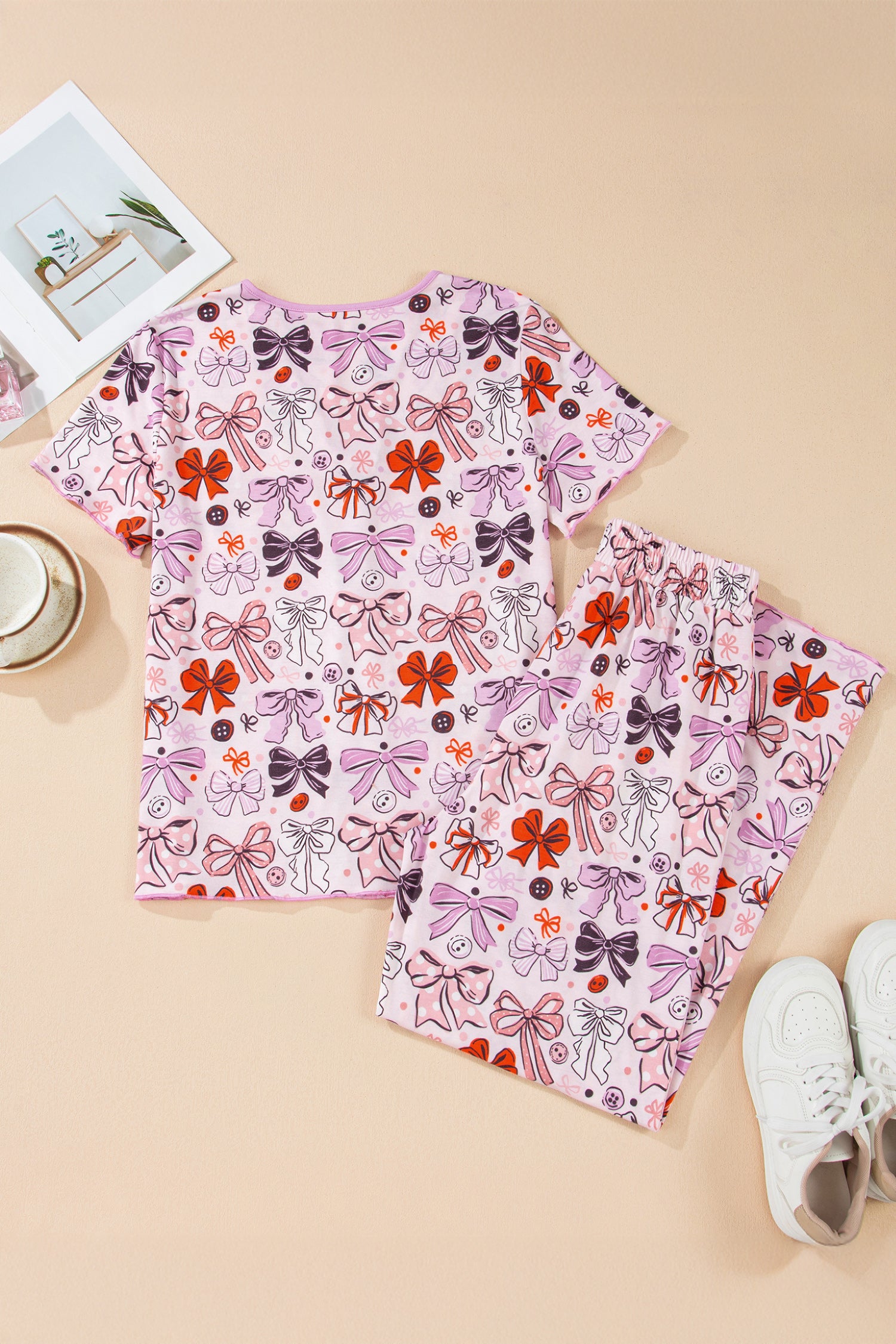 Pink Diverse Bows Buttons Printed Contrast Trim Short Sleeve Shirt Pajama Pant Set-Loungewear & Sleepwear/Sleepwear-[Adult]-[Female]-2022 Online Blue Zone Planet