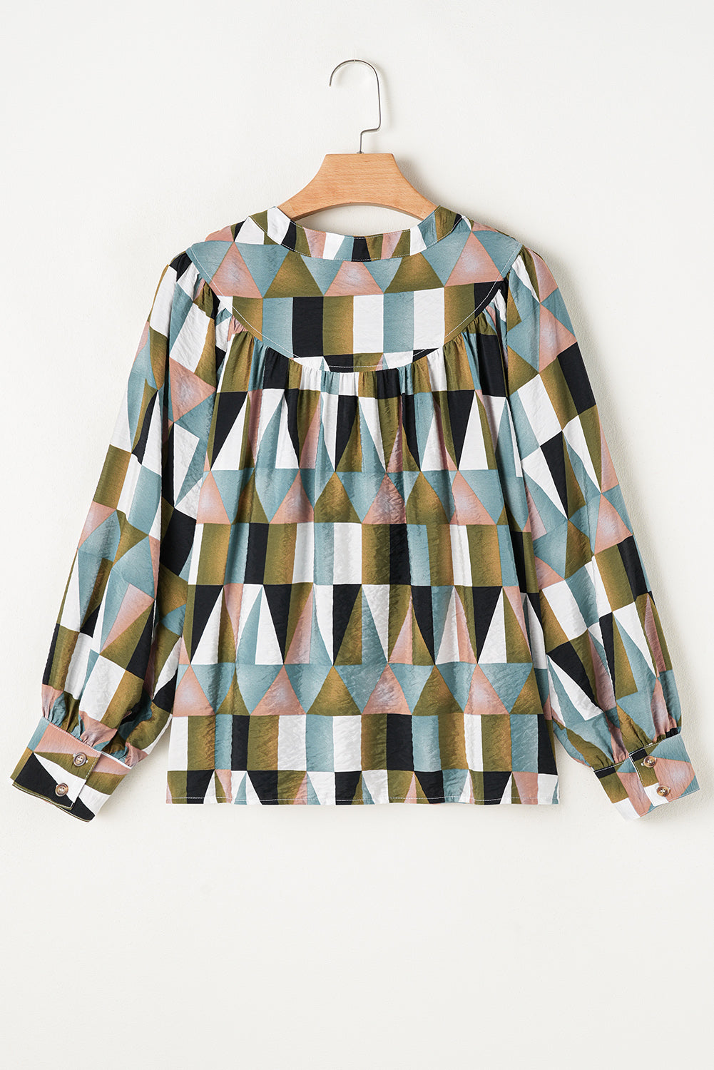 Blue Zone Planet | Green Geometric Print Buttoned Balloon Sleeve Loose Fit Shirt-Tops/Blouses & Shirts-[Adult]-[Female]-2022 Online Blue Zone Planet