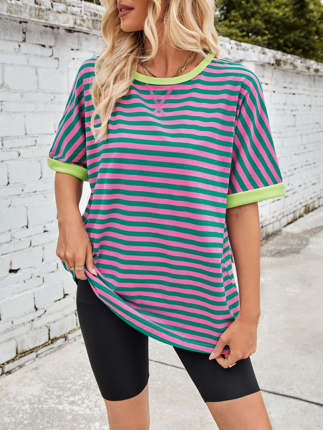 Lovelet Striped Round Neck Half Sleeve T-Shirt-TOPS / DRESSES-[Adult]-[Female]-Dusty Pink-S-2022 Online Blue Zone Planet