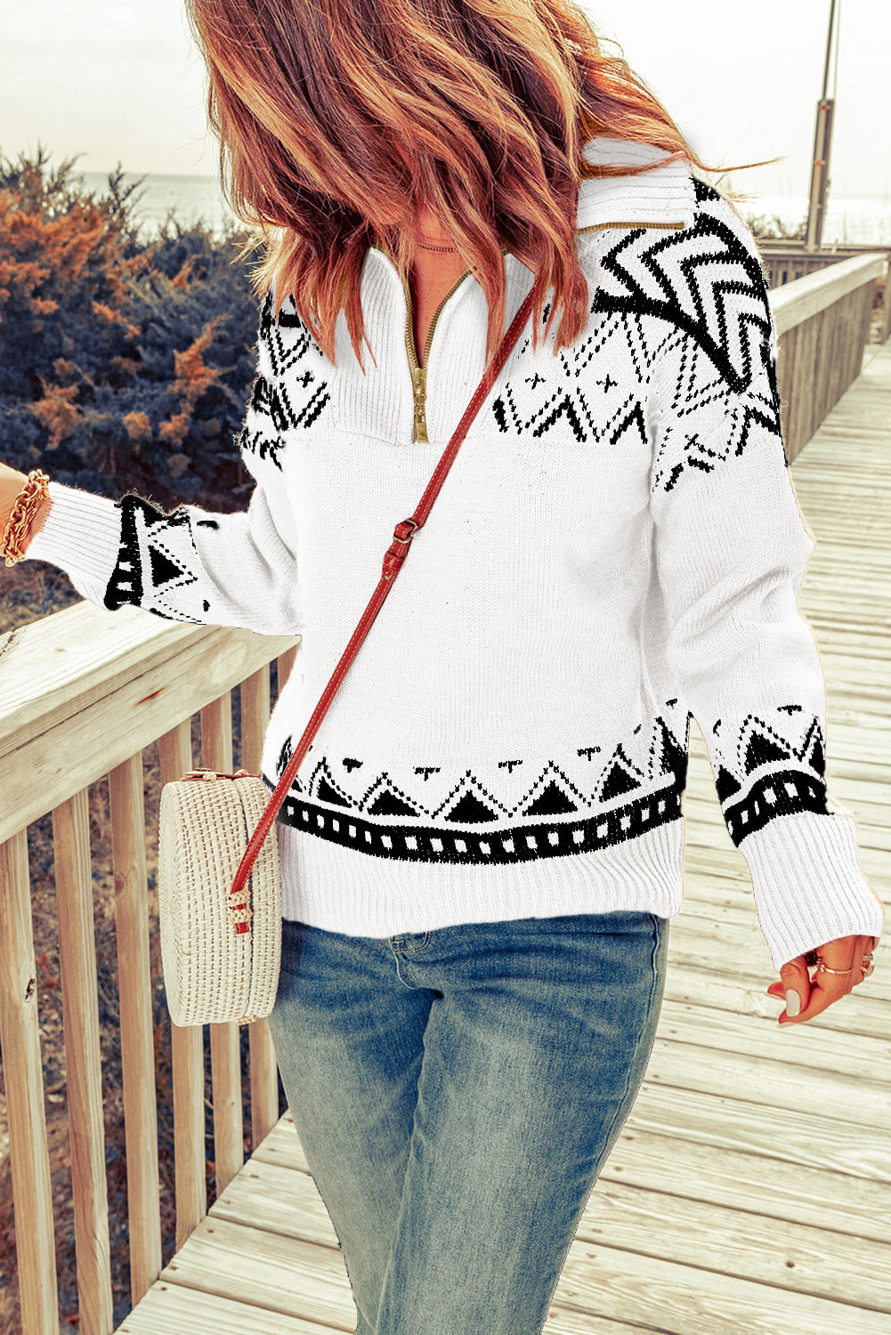 White Geometry Knit Quarter Zip Sweater-Tops/Sweaters & Cardigans-[Adult]-[Female]-2022 Online Blue Zone Planet