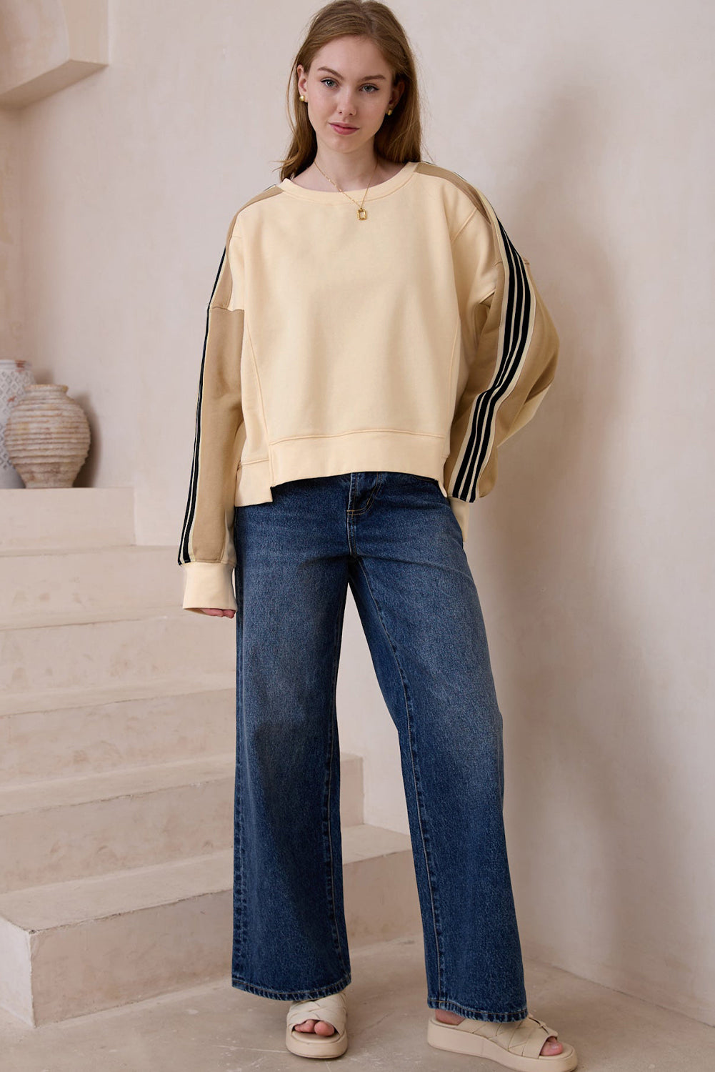 Contrast Round Neck Long Sleeve Sweatshirt-TOPS / DRESSES-[Adult]-[Female]-2022 Online Blue Zone Planet